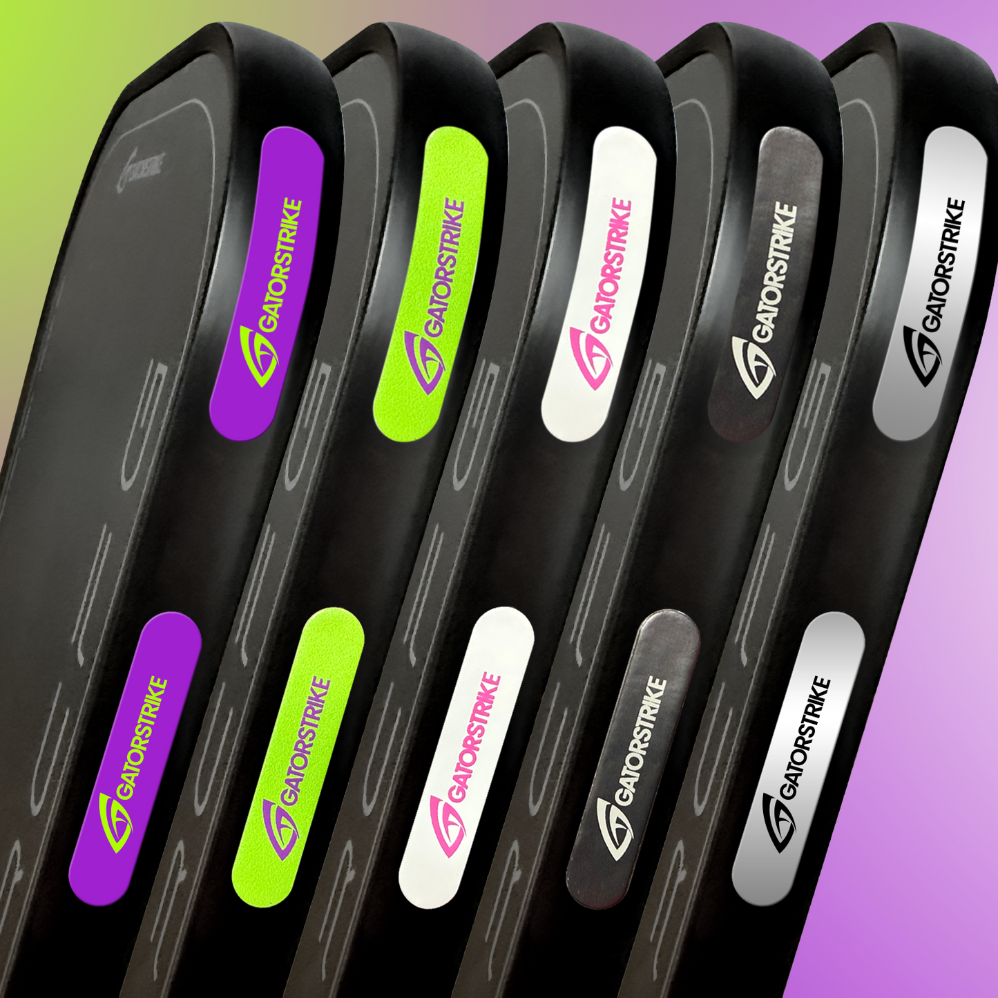 Ten GATORSTRIKE™ Weight Tape packs are arranged against a pastel gradient background, each featuring a unique “GATORSTRIKE” logo label in purple, neon green, pink, white, black, or gray—ideal for customizing your pickleball gear.
