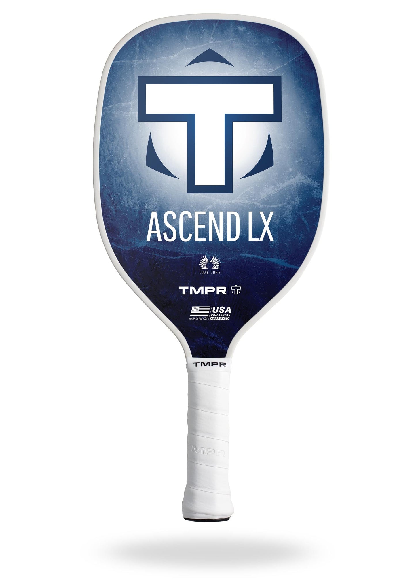 The Ascend LX | Indigo Ice from TMPR Sports is a blue and white pickleball paddle with a long handle, large white T, ASCEND LX on the face, TMPR and USA Pickleball logos, Luxe Core emblem, and a white grip at the base.