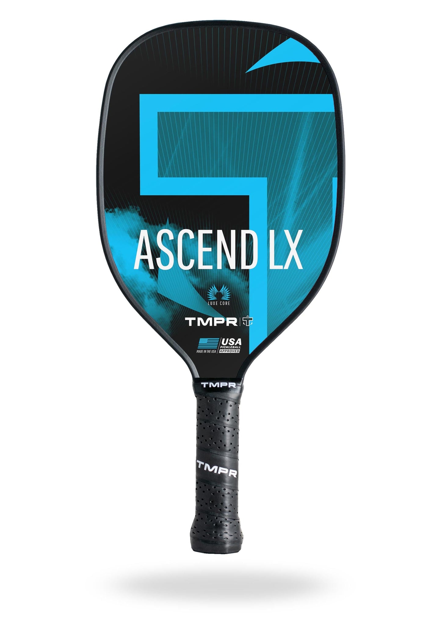 The TMPR Sports Ascend LX is a black fiberglass pickleball paddle featuring a bold blue geometric design, large "ASCEND LX" text, black grip tape on its long handle, TMPR branding at the base, and a honeycomb polymer core.