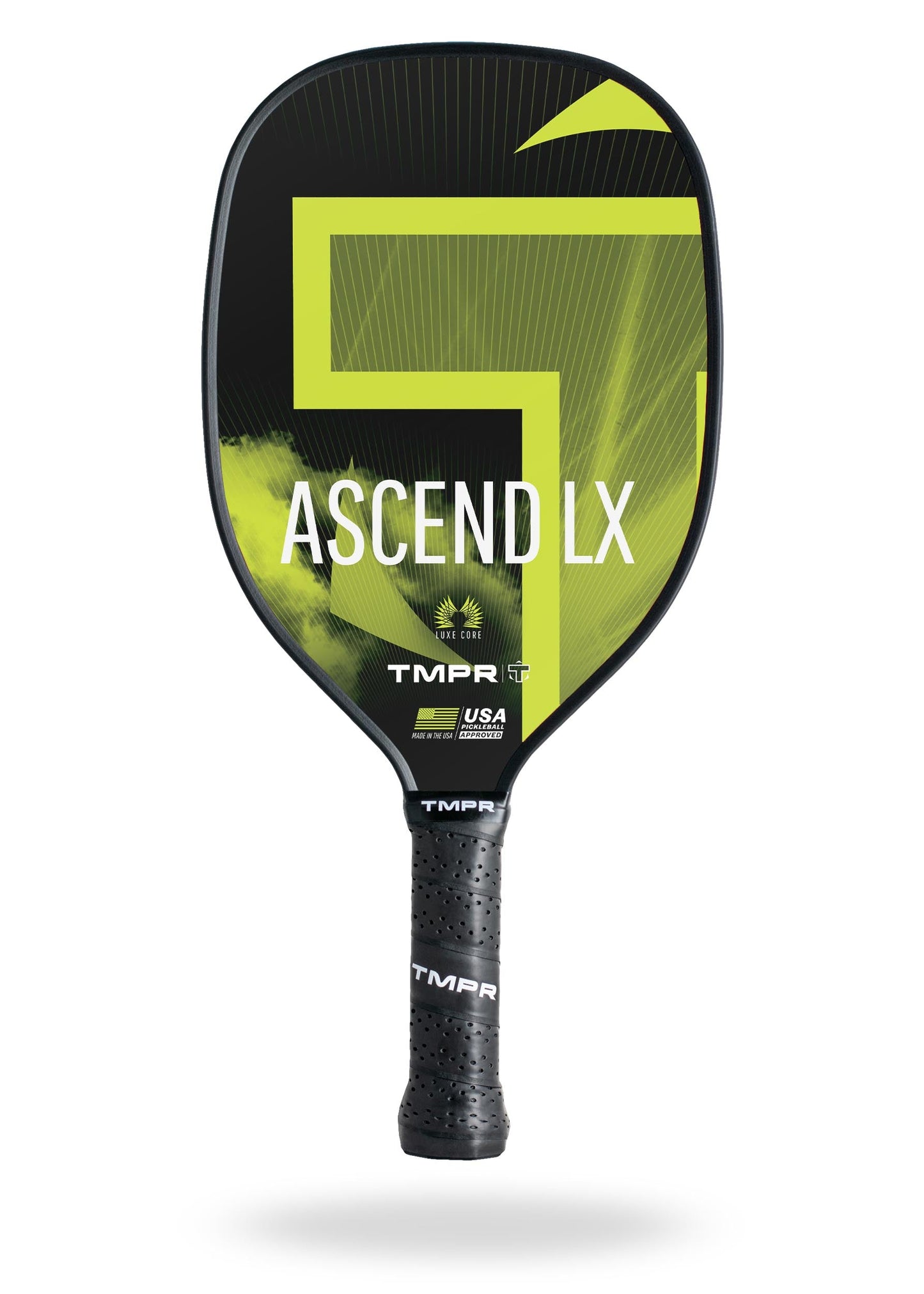 The TMPR Sports Ascend LX pickleball paddle features a black design with a neon yellow geometric “7”, white Ascend LX branding, USA Pickleball and Vibration Dampening logos, honeycomb polymer core, long handle, and black grip tape.