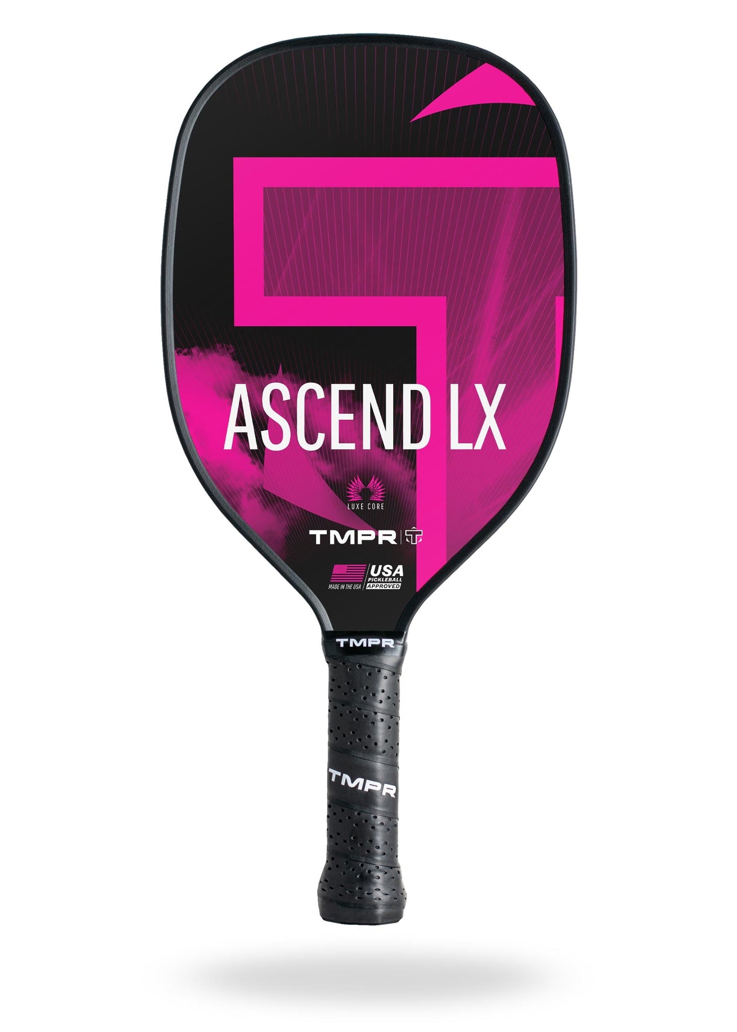 The TMPR Sports Ascend LX is a black fiberglass pickleball paddle with bold pink and magenta accents, "ASCEND LX" in white, TMPR Sports and USA Pickleball logos, a honeycomb polymer core, and a long handle with textured black grip tape.