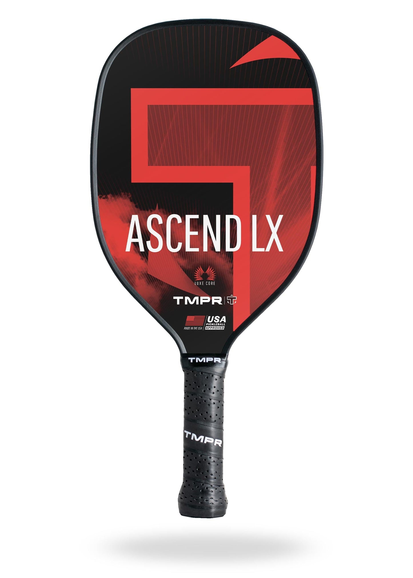 The Ascend LX by TMPR Sports is a long handle pickleball paddle with a black and red geometric design, large ASCEND LX text, honeycomb polymer core, USA Pickleball Approved logo, and black grip tape-wrapped handle.
