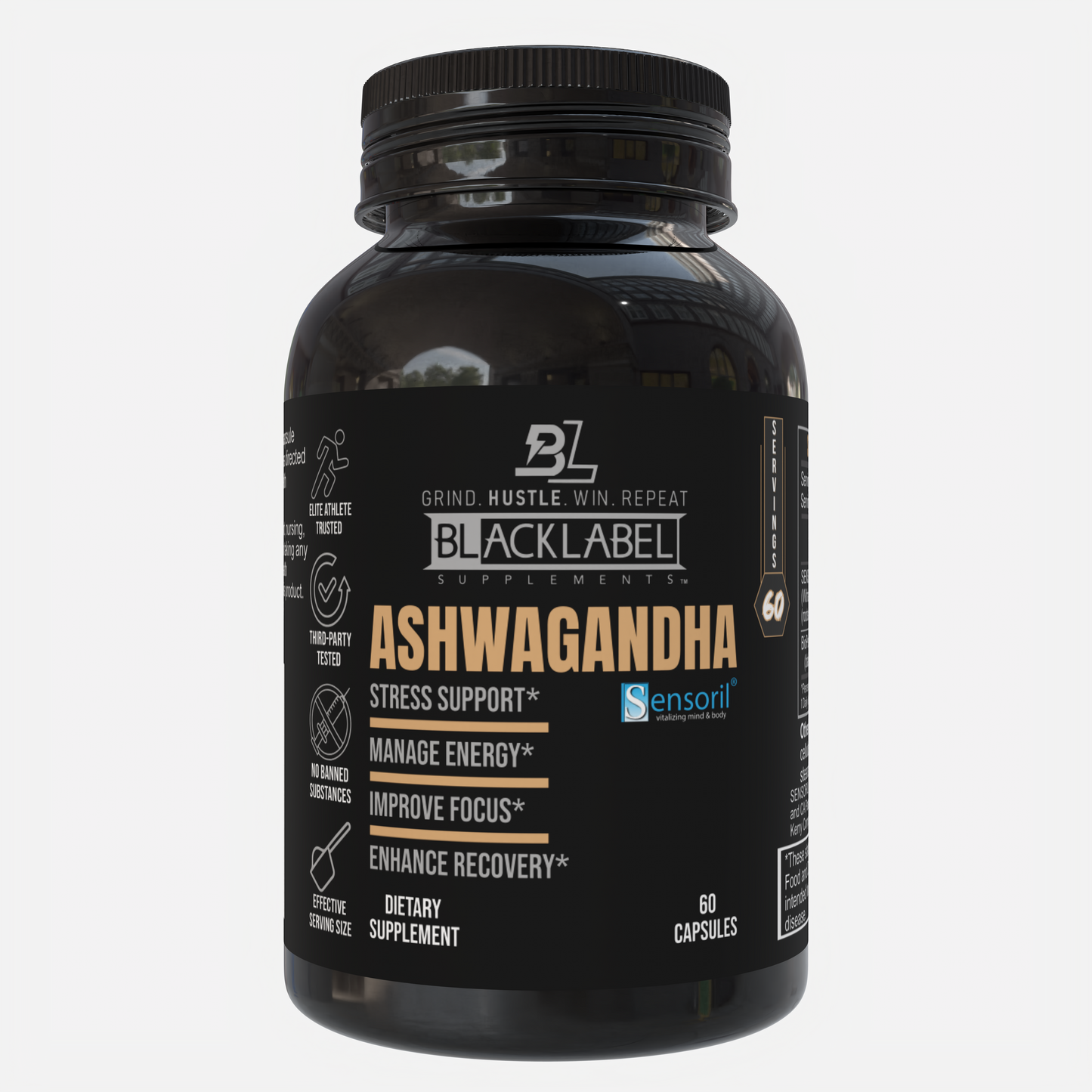 A black plastic bottle labeled BLACKLABEL Supplements SENSORIL® ASHWAGANDHA with 60 capsules for stress support, energy, focus, and recovery—plus black pepper extract for better absorption. Features the Sensoril logo.