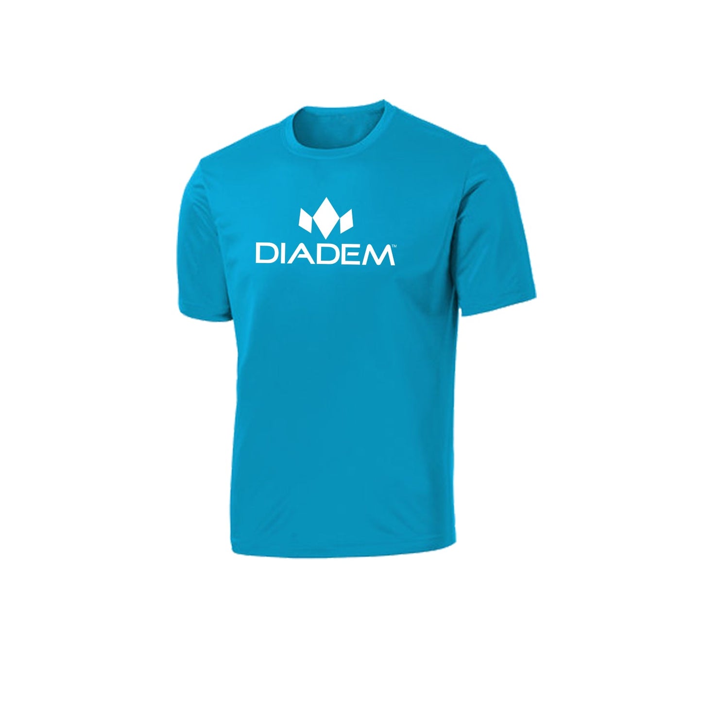 A blue Diadem Sports Drycore Logo T-Shirt is shown on a white background. Made from polyester, it features “DIADEM” with a crown logo and offers superior sweat absorption for athletic comfort.