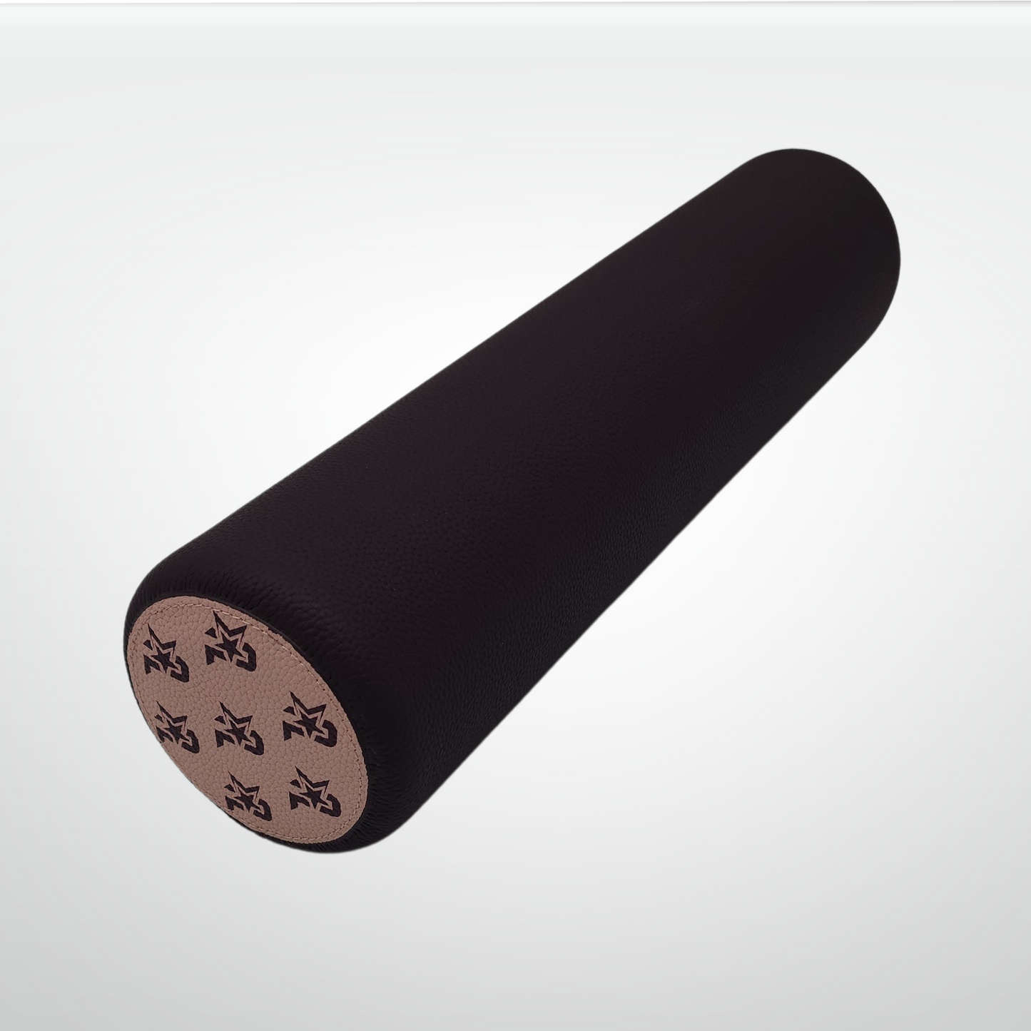 The iReliev I AM Leather-Wrapped Cork Stretching and Massage Roller is displayed on a white background, featuring a premium black textured surface and a tan circular end cap with five black star-shaped symbols arranged in a circle.