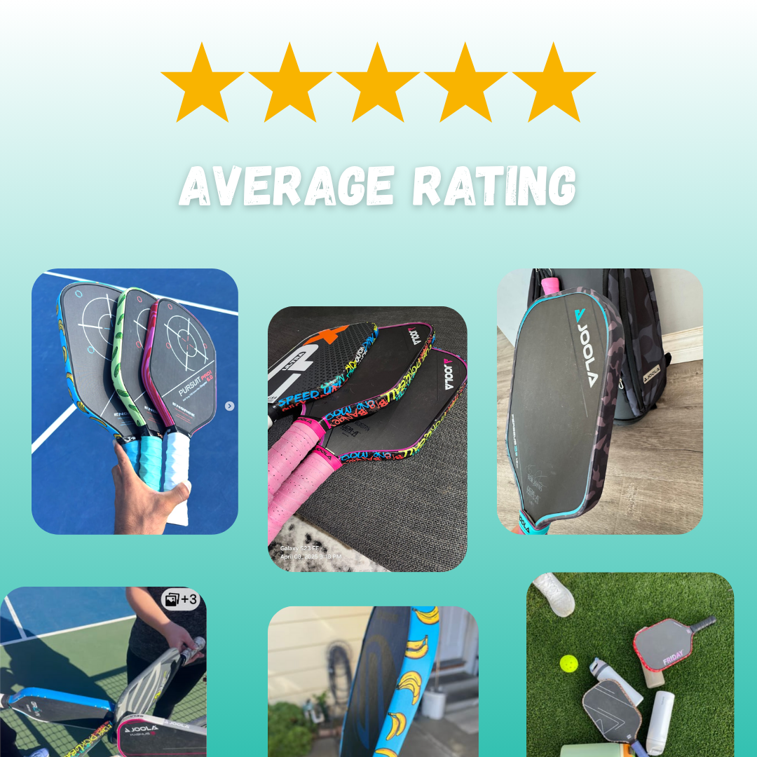 A five-star graphic sits above "AVERAGE RATING." Below, six images display Edgy Pickleball's Pink Checkers Edge Tape (3 pack) on paddles—shown on courts or with bags—all set against a teal gradient background.