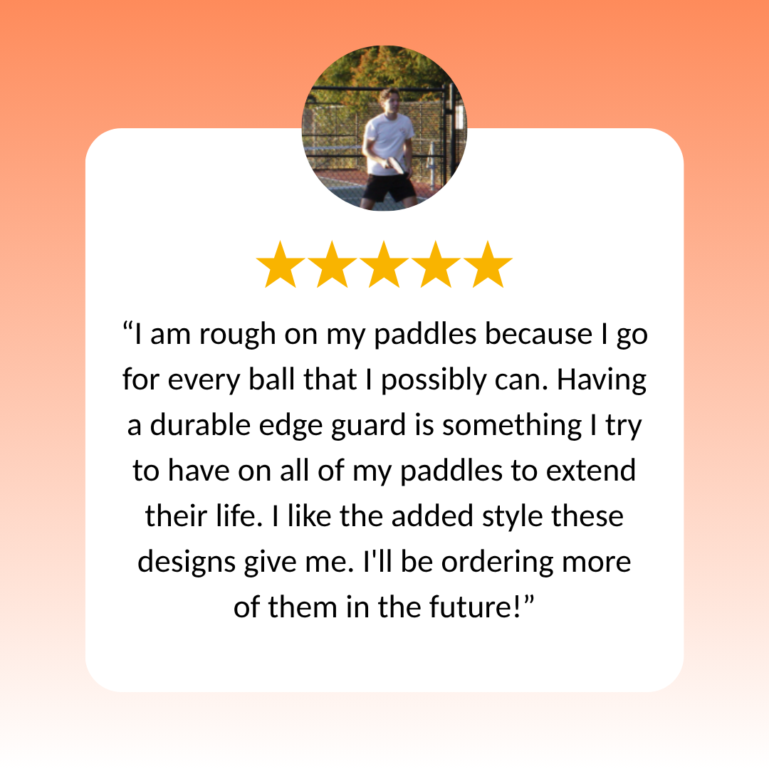 A five-star review shows a man in a white shirt and cap above the text, praising Edgy Pickleball’s Graffiti Edge Tape (3 pack) for its durability and style, with plans to order more. The background features an orange-to-white gradient.