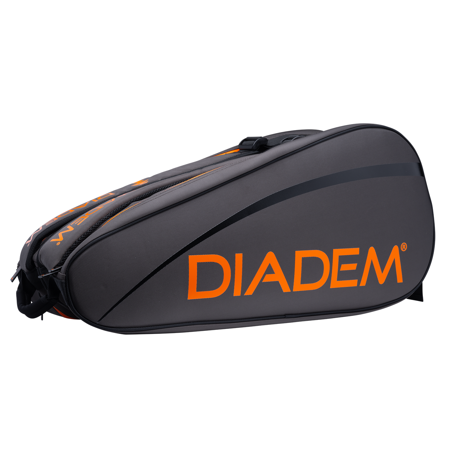 The Diadem Sports Tour v3 9PK is a dark gray teardrop-shaped tennis bag with visible zippers, bold black and orange accents, and a large orange DIADEM logo—ideal for carrying your rackets and gear in style.