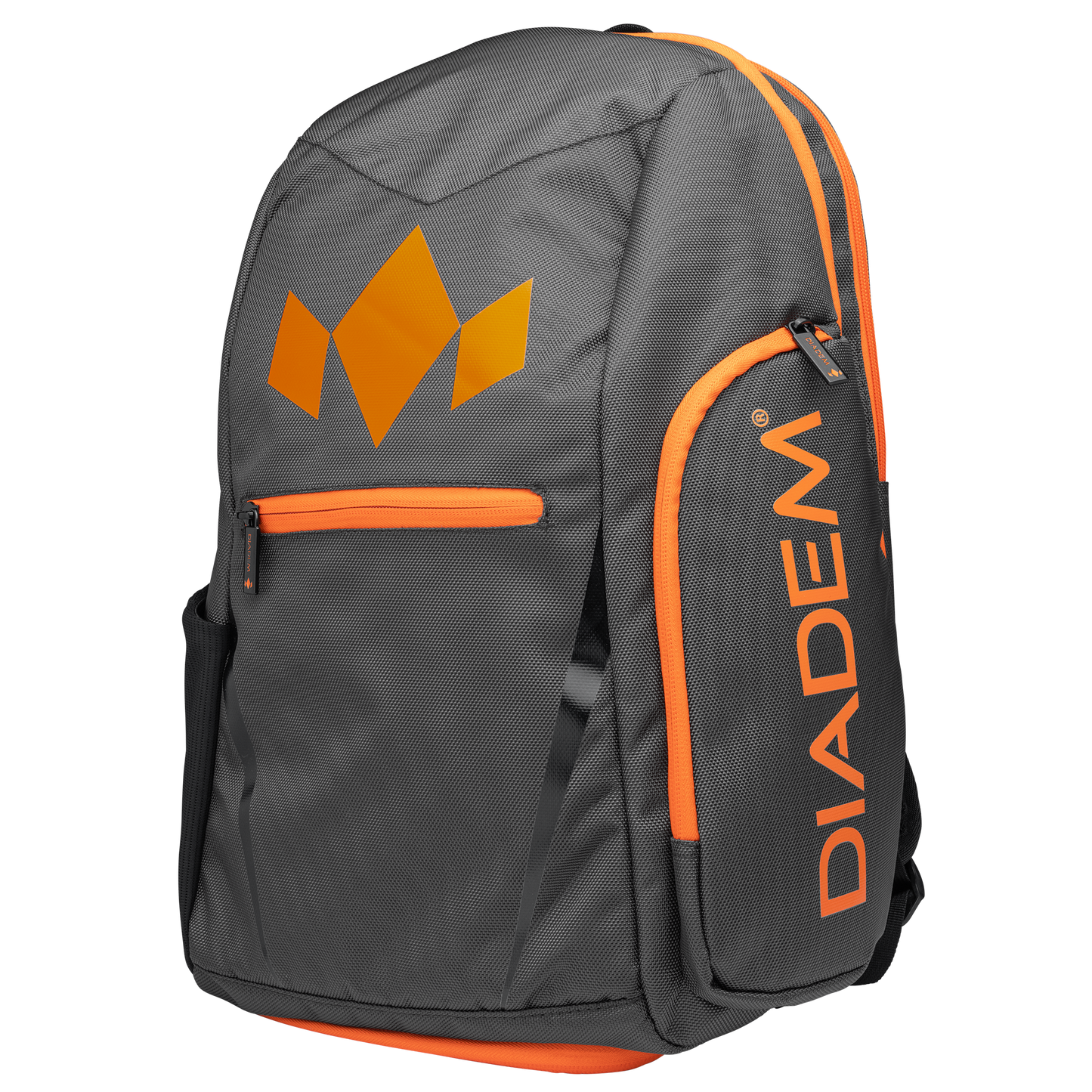 The Diadem Sports Tour v3 Backpack is a sleek gray tennis backpack with orange accents, a geometric logo on the front, “DIADEM” on the side pocket, and multiple zippered compartments for your gear and racket.