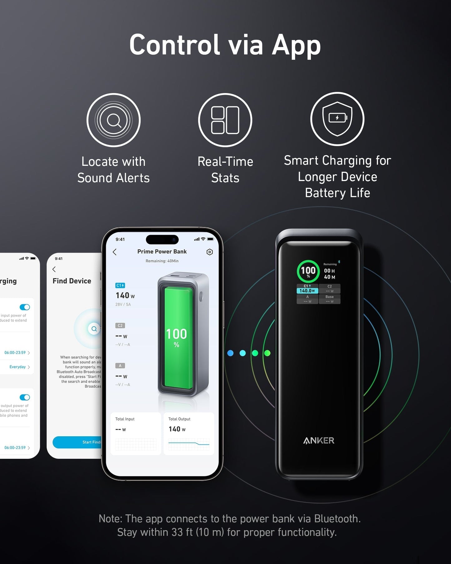 The black Anker Prime 27,650mAh Power Bank (250W) and 100W Charging Base is shown with two smartphones running its app, which provides sound-based location, real-time stats, fast charging, and Bluetooth connectivity up to 33 ft (10m).
