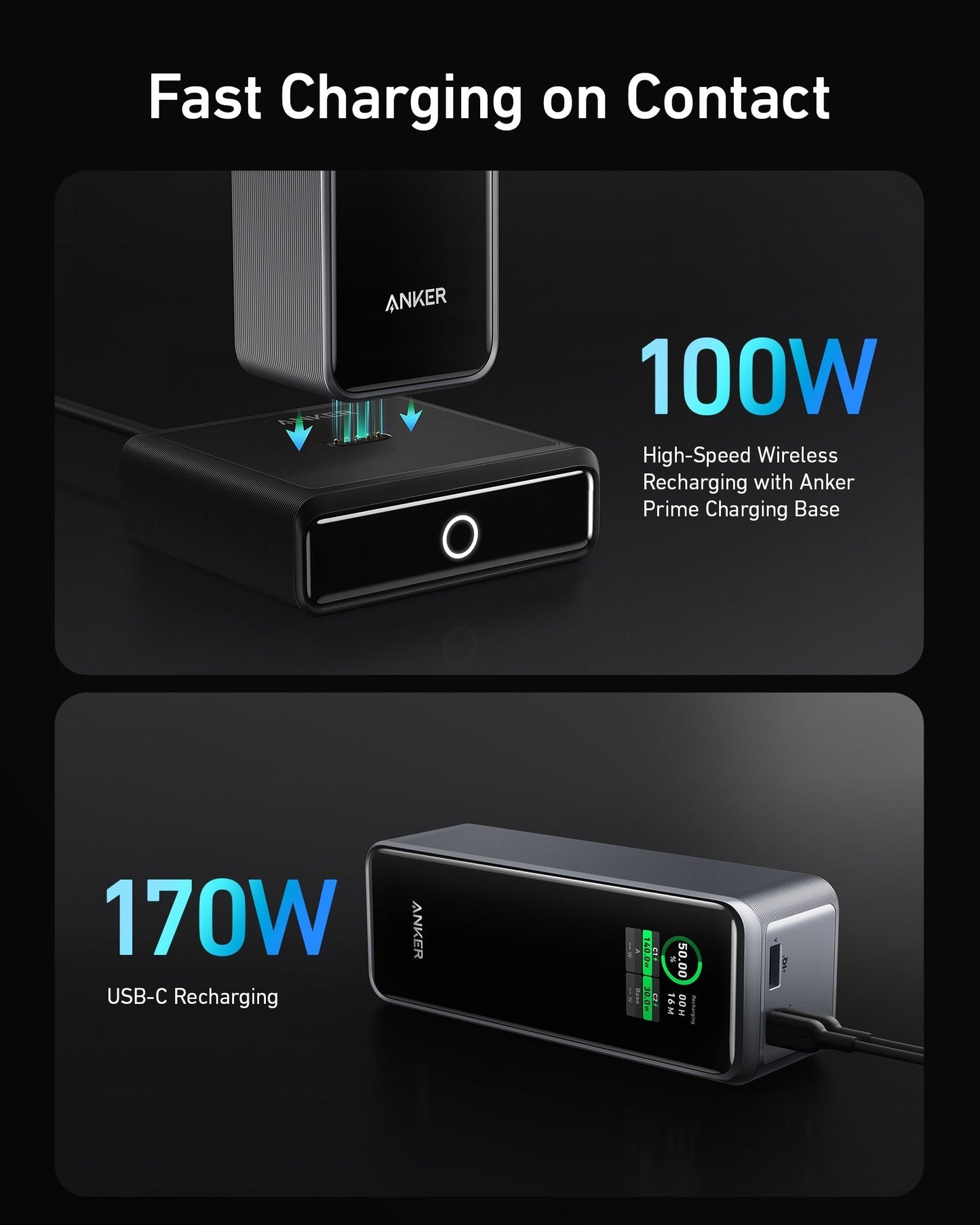 Anker Prime 27,650mAh Power Bank (250W) hovers above its 100W Charging Base for fast wireless charging; below, it's plugged in via USB-C, displaying 170W recharge on the screen—ultra-fast power from Anker.