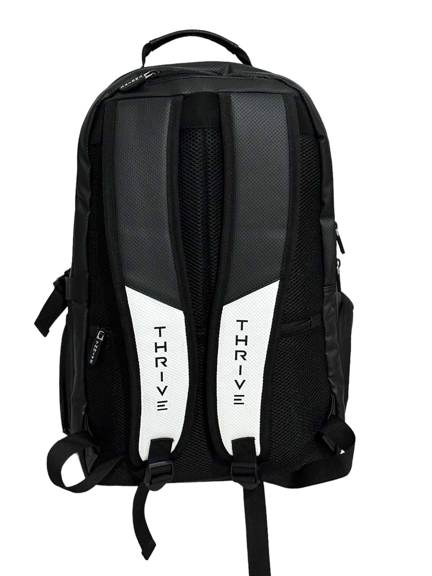 A black Thrive Pickleball Elite Backpack w/shoe bag is shown from the back, featuring two adjustable shoulder straps with THRIVE printed vertically on white panels, mesh padding, a top handle, and visible zipper details on sides and top.
