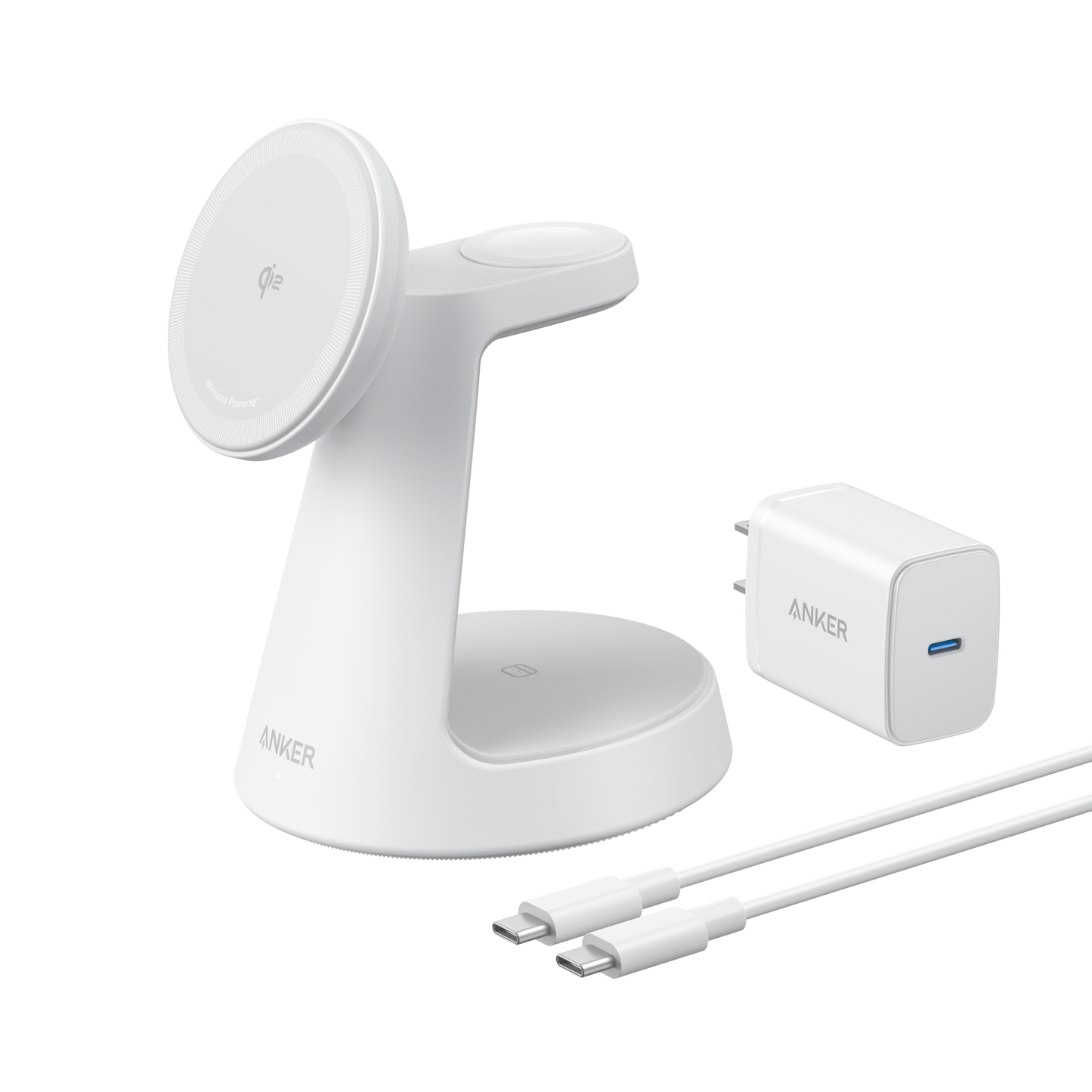 The Anker MagGo Wireless Charging Station (3-in-1, Dock Stand) in white features a circular phone holder, base, and stand for efficient 15W wireless charging. Includes a white USB-C wall charger and two USB-C cables on a plain white background.