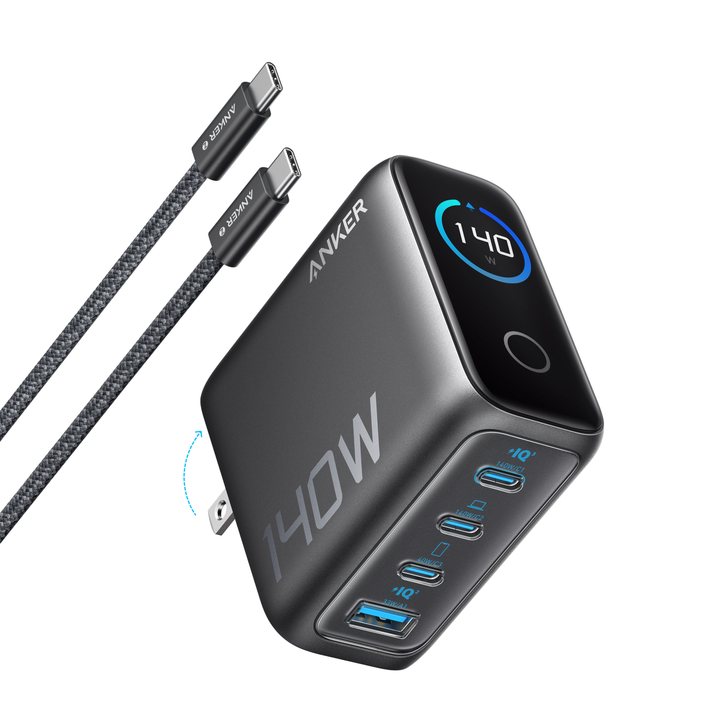 The black Anker Charger (140W, 4-Port, PD 3.1) features USB-C and USB-A ports. Two braided USB-C cables are shown beside it. The screen displays "140W" and the plug is partially extended.