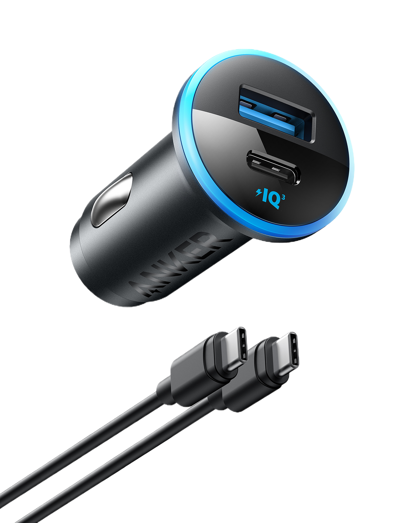 The Anker 323 Car Charger (52.5W) by Anker is black with a blue accent ring and offers one USB-A and one USB-C port for high-speed charging. Below it, two black USB-C cables are placed diagonally on a white background.
