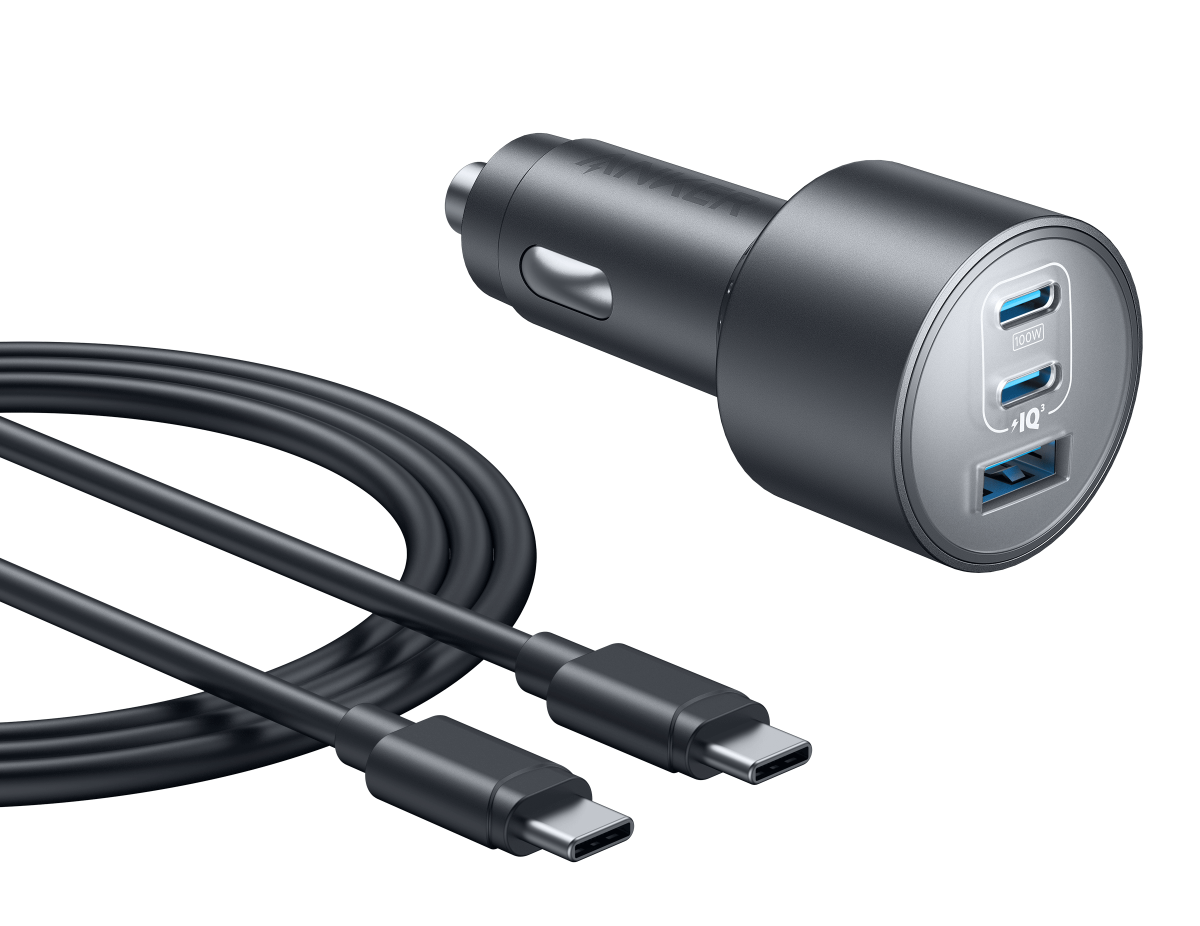 The Anker Nano Car Charger (167.5W, 3 Ports) features a sleek metallic design, two USB-C ports, and one USB-A port. Shown with a coiled black USB-C to USB-C cable, it’s ideal for fast charging multiple devices on the go.
