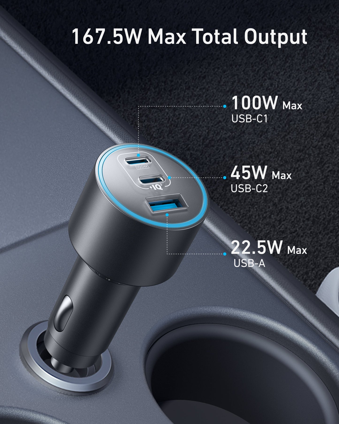 The Anker Nano Car Charger (167.5W, 3 Ports) features two USB-C and one USB-A port, offering fast charging for multiple devices on the go.