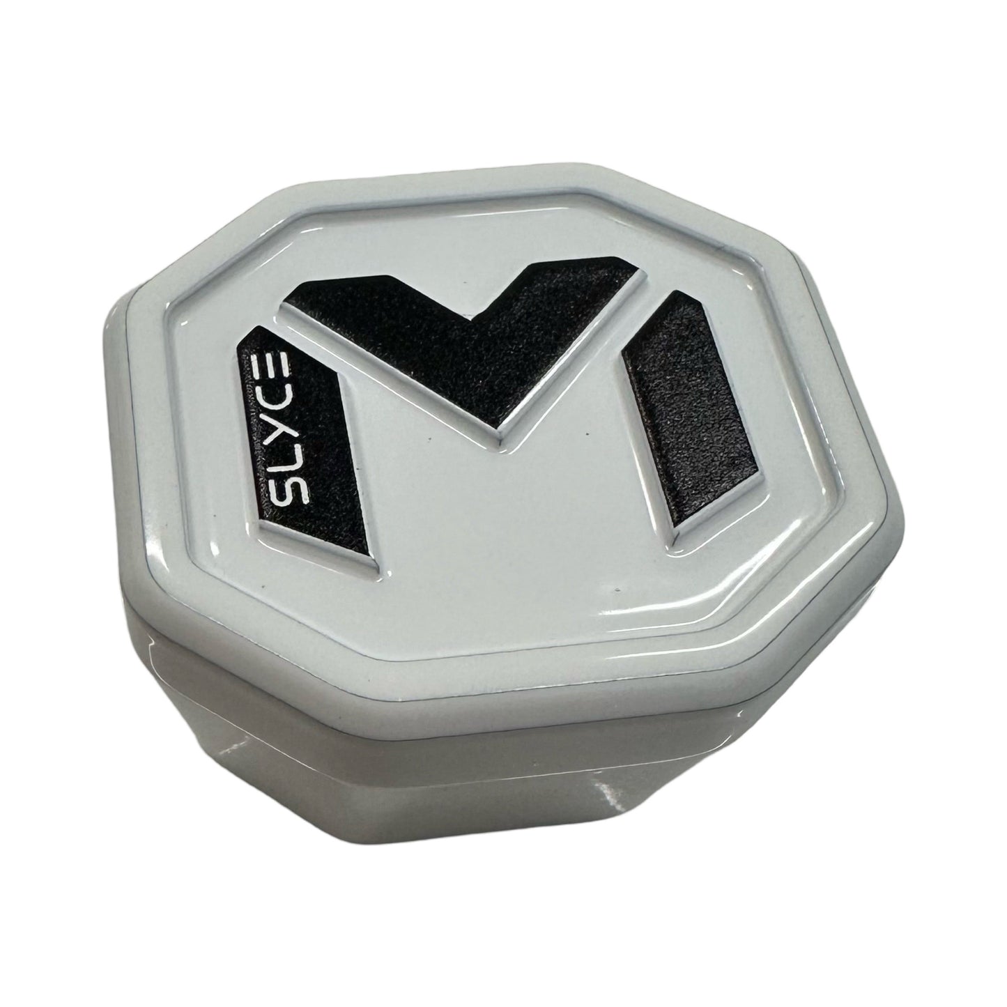The Special Edition Maverix SpeedCap (28g, 1.0 oz.) by Slyce Sport is a glossy, white octagonal 6061 Aircraft Aluminum grip cap with a raised black Y and SLYCE in white text—ideal for Maverix Pickleball Paddles.