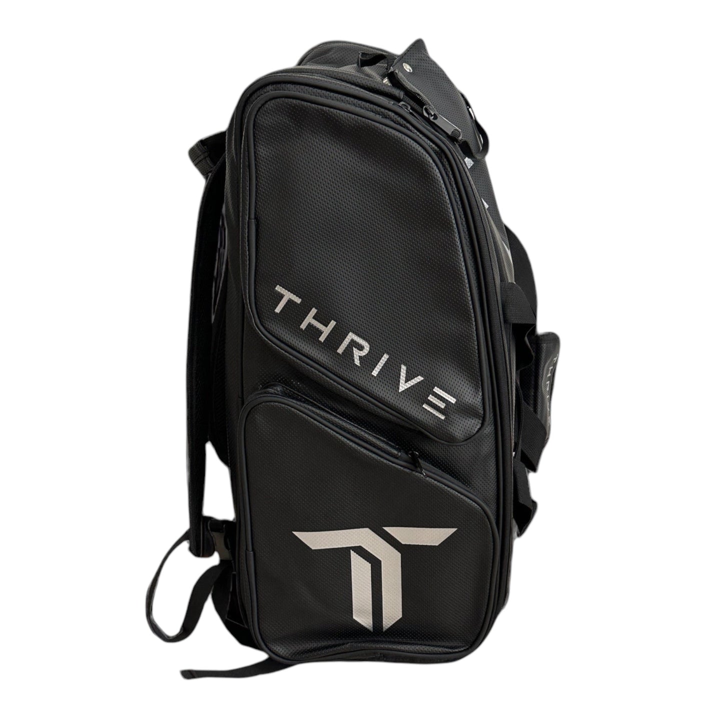 The Elite Pro Tour Bag w/shoe bag by Thrive Pickleball is black with "THRIVE" in white on the side and a bold T logo on the front pocket. It features multiple compartments, including thermal lined paddle sections, and stands upright.