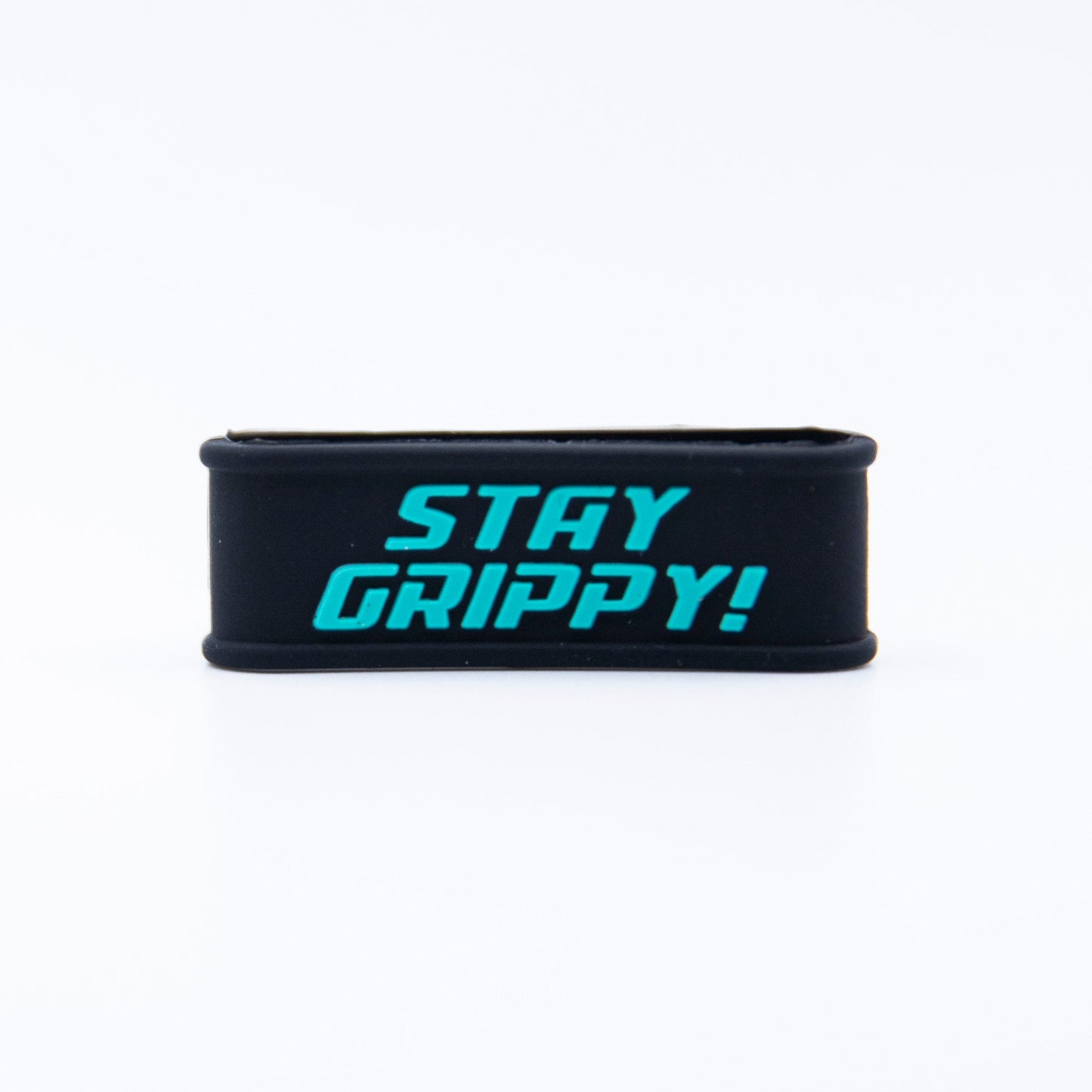 The Bodhi Performance Paddle Band is a black silicone grip wristband with "STAY GRIPPY!" in bold teal on the front—an ideal pickleball paddle accessory. Its plain white background highlights both the text and the band perfectly.