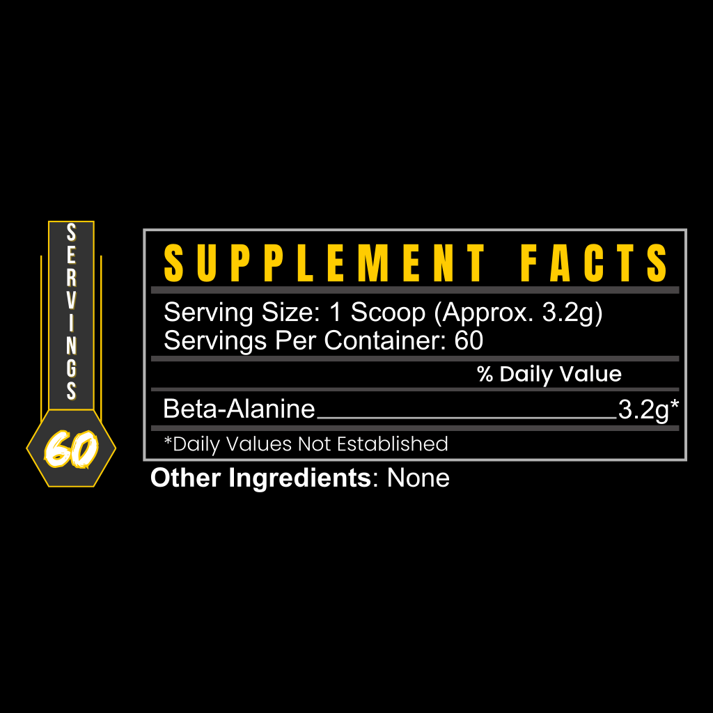 A black label for BLACKLABEL Supplements BETA-ALANINE displays Supplement Facts: 60 servings, each 1 scoop (approx. 3.2g), with 3.2g Beta-Alanine per scoop and no other ingredients. The left side features a yellow “60” and “Servings” vertically.