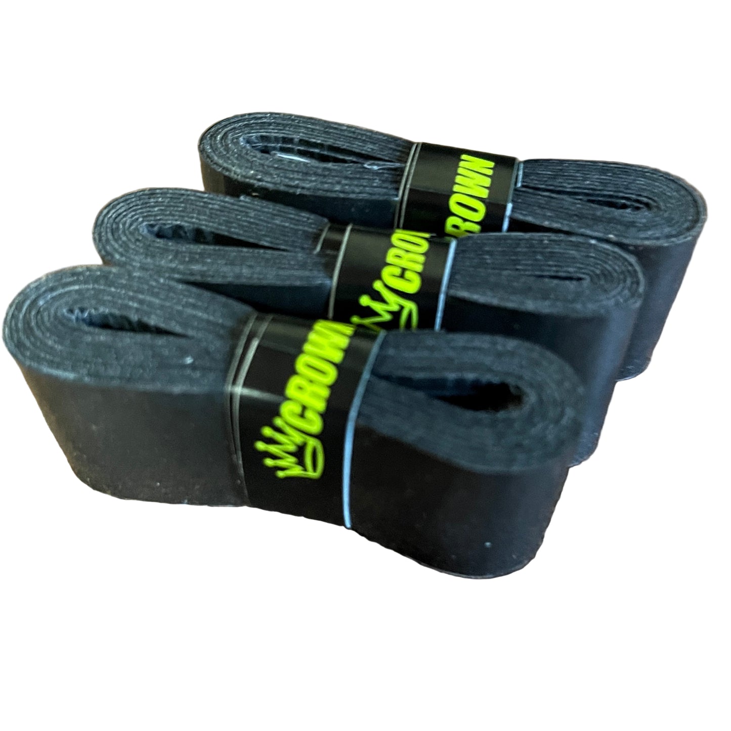 Three black CROWN PICKLEBALL Paddle Overgrips from Crown Pickleball, designed for enhanced grip and sweat absorption, are neatly rolled with “CROWN” labeled bands and stacked on a white background.