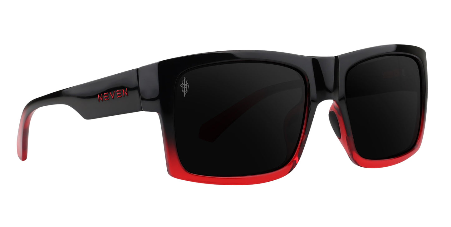 Blood Fade by Neven Eyewear: rectangular sunglasses with glossy black-to-red polarized frames, thick rims, and black lenses. "NEIVEN" in red decorates the left arm. Also available with prescription lenses.