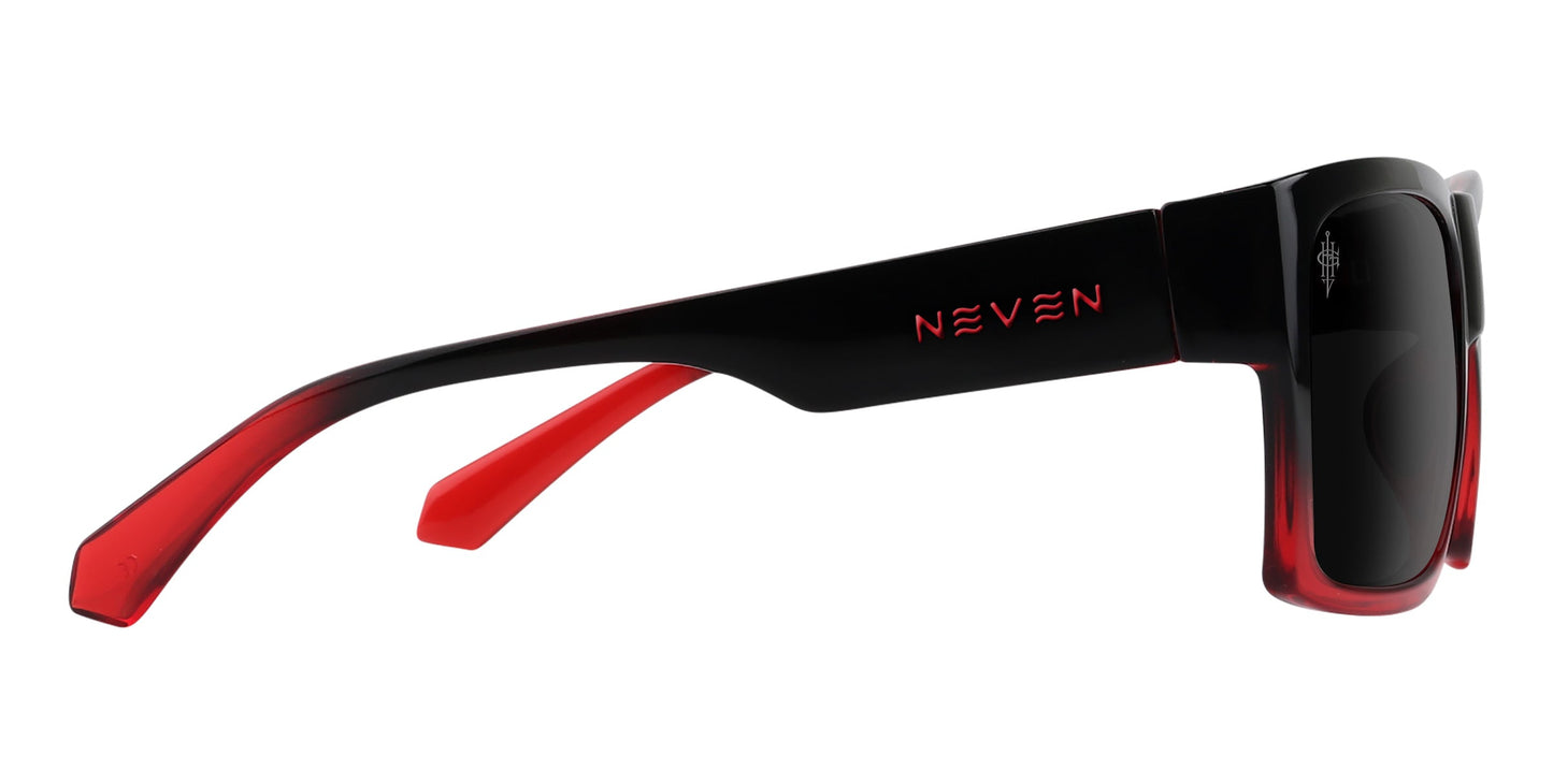 Side view of Neven Eyewear Blood Fade sunglasses with glossy black-red polarized frames, “NEVEN” printed in red on the arm, dark lenses with a small logo on the upper front corner, and red accents on temples and tips.