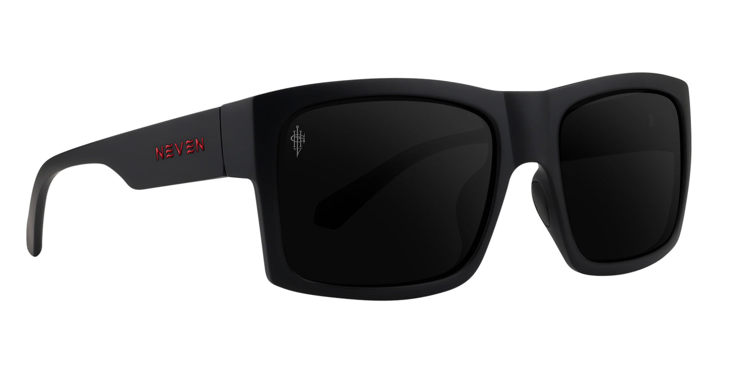Neven Eyewear's Redrum sunglasses feature black rectangular matte frames, thick temples with "NEVEN" in red, and a subtle white logo on the left lens. Dark lenses and prescription options available. Displayed on a white background.