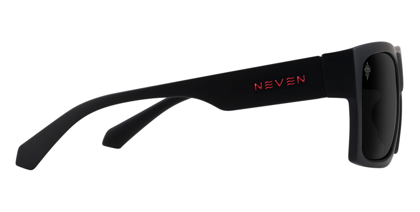 Side view of Neven Eyewear Redrum sunglasses in matte black with thick frames and a subtle white logo near the lens. “NEVEN” in red, futuristic font decorates the left temple arm. Available with polarized or prescription lenses on a plain white background.