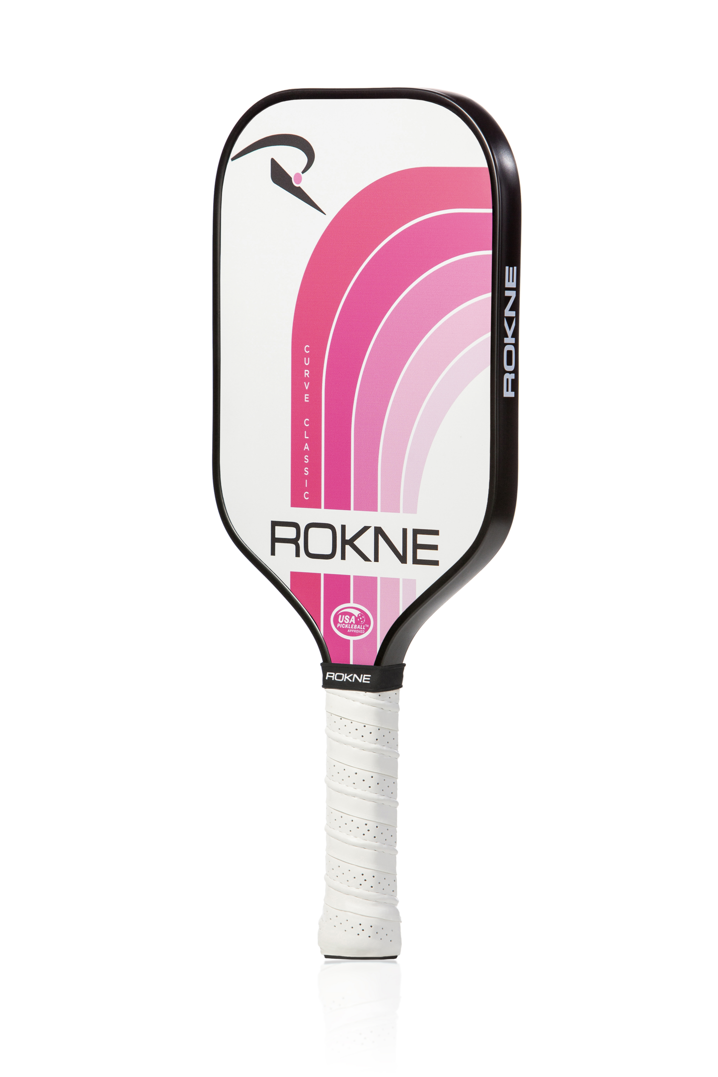 The CURVE CLASSIC ORIGINAL by ROKNE is a rectangular pickleball paddle with a honeycomb core, rounded edges, PROGrit textured white face featuring pink and magenta curves, bold black ROKNE branding, and a white grip for modern style.