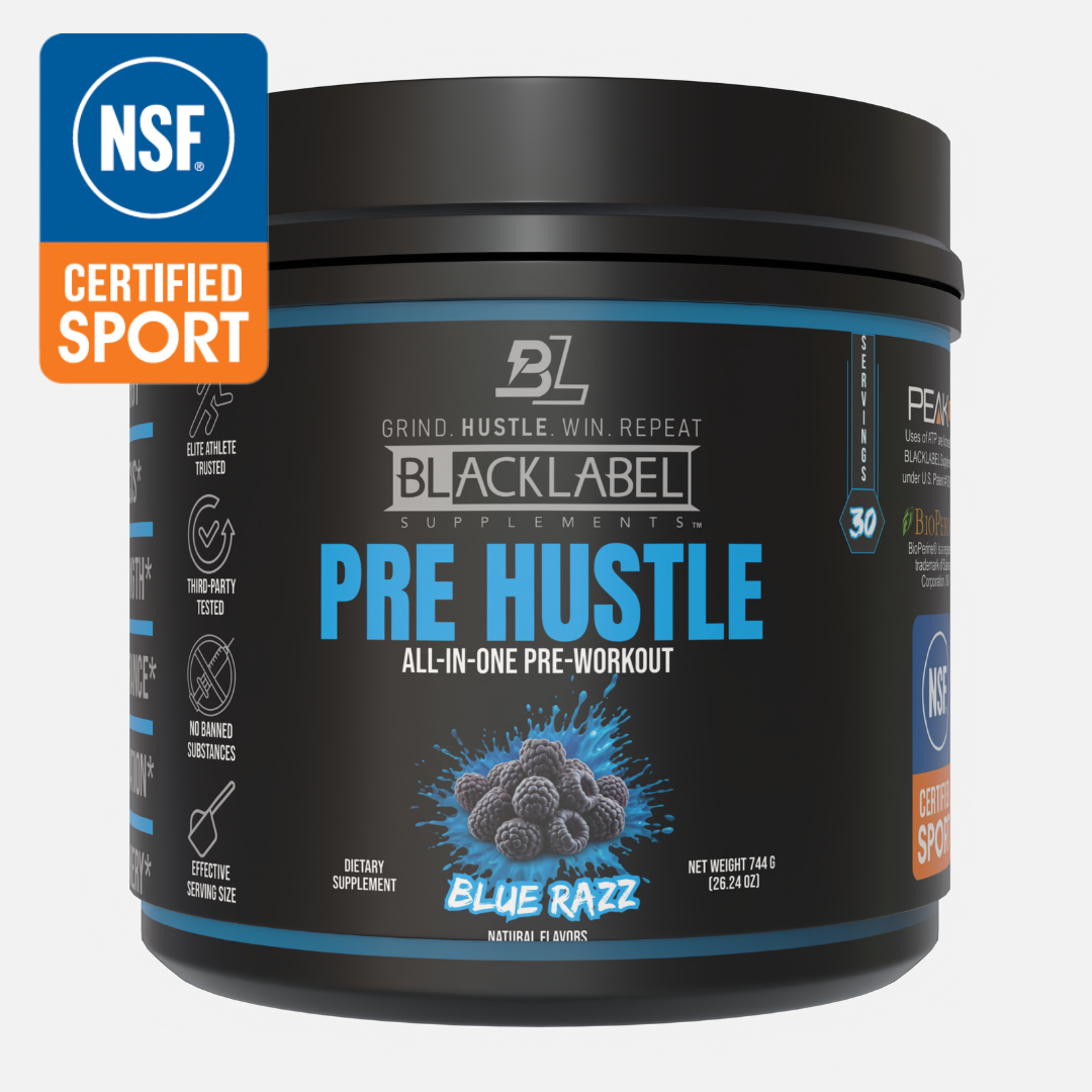 A black container of BLACKLABEL Supplements PRE HUSTLE V3 pre-workout powder, Blue Razz flavor, features blue raspberry graphics, NSF Certified Sport logo, and muscle-building performance nutrients. 744g size.