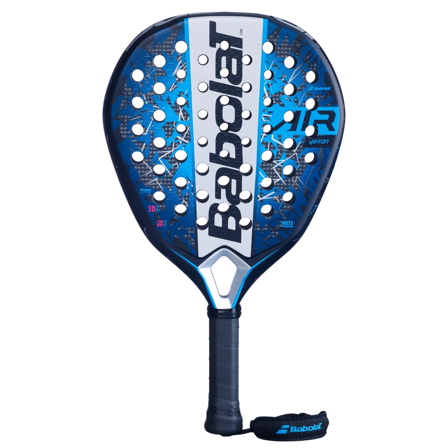 The Babolat Air Veron 2.5 padel racket from Padel USA features a blue and black teardrop shape, white branding, circular holes, a textured grip, and a black Babolat-labeled wrist strap on the handle.