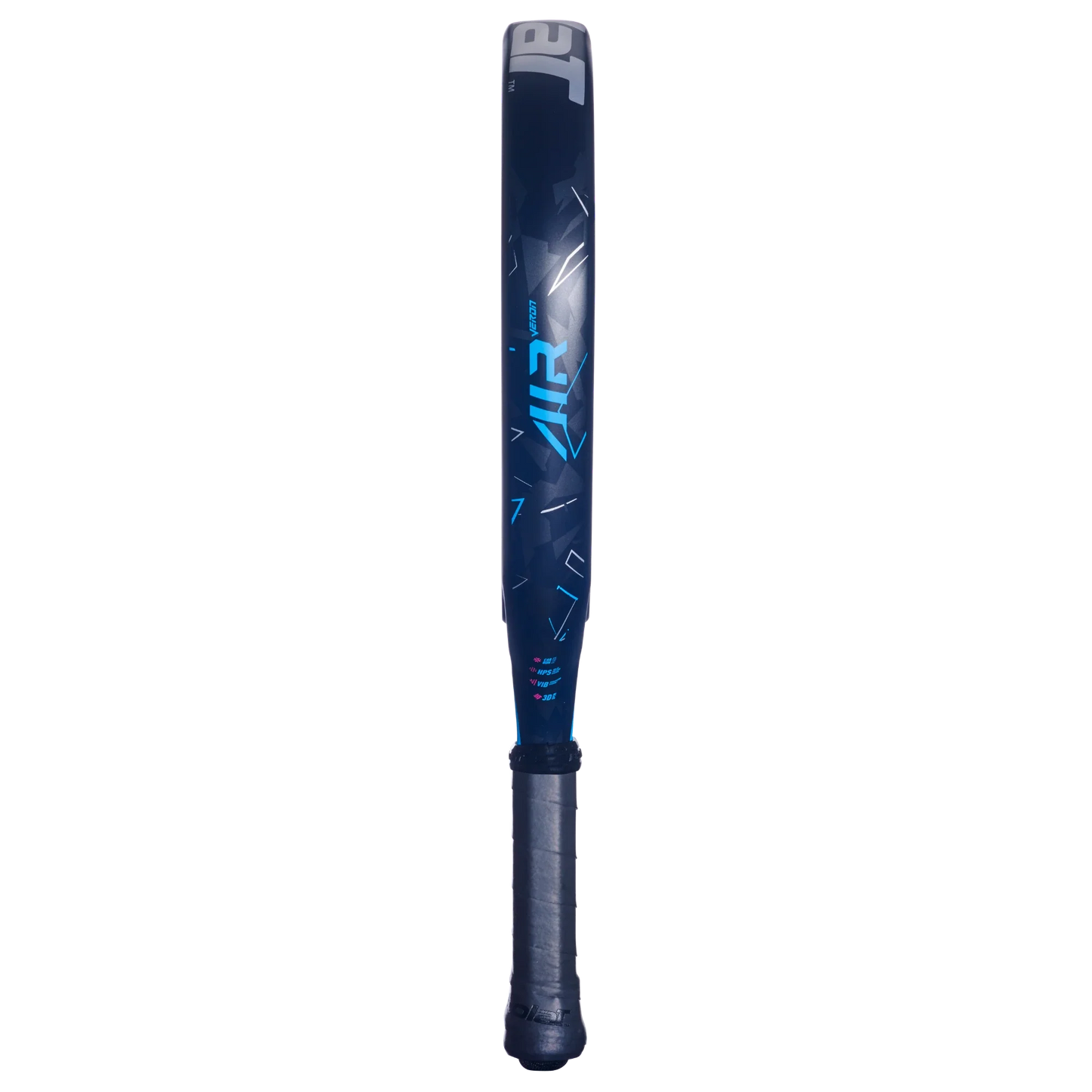 The Babolat Air Veron 2.5 by Padel USA stands upright with a blue and black teardrop shape, blue geometric blade patterns, "AIR" in blue text, and a dark gray grip handle contrasting against a plain white background.