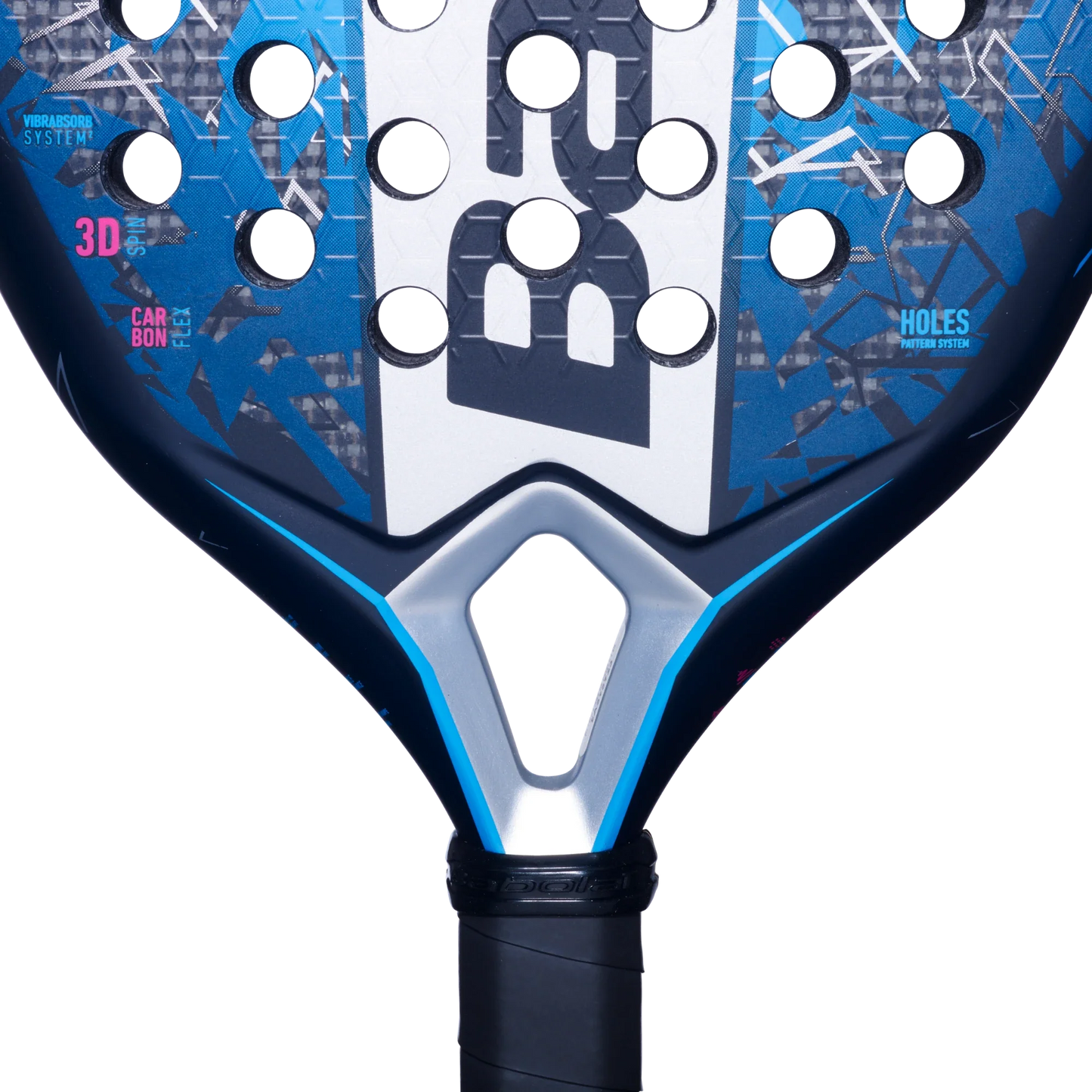 Close-up of the Babolat Air Veron 2.5 padel racket from Padel USA, showcasing its blue, white, and black teardrop face with round holes, geometric patterns, branded text like 3D CARBON and VIBRATION SYSTEM, and a black grip-wrapped handle.