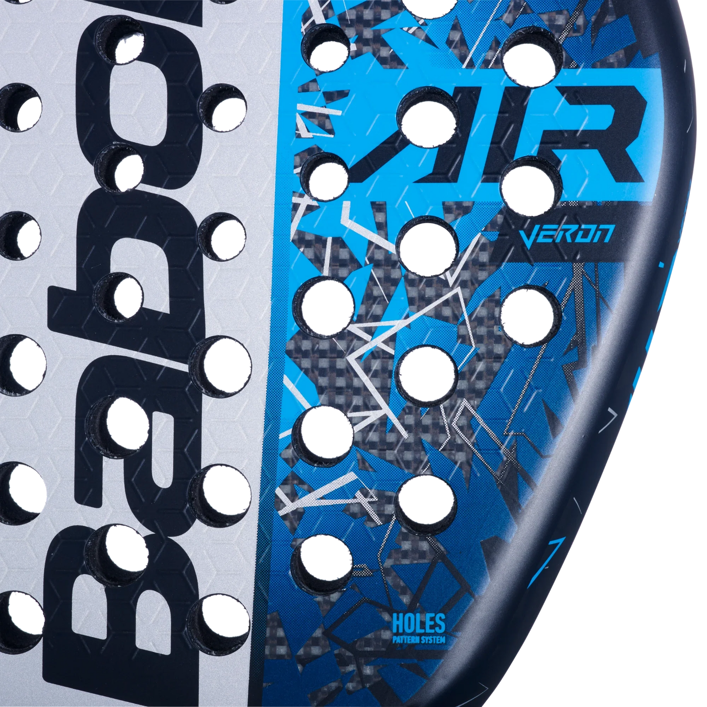 Close-up of the Padel USA Babolat Air Veron 2.5 padel racket, showing circular holes and a teardrop shape with a bold logo on silver and geometric blue, black, and gray design featuring “Veron” and “Holes Pattern System” in blue.