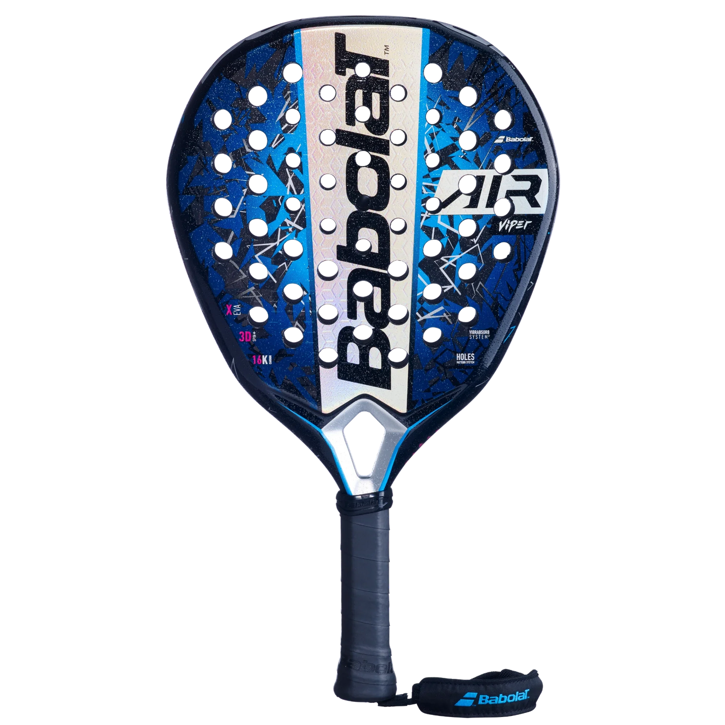 The Babolat Air Viper 2.5 by Padel USA is a blue and black, teardrop-shaped padel racket featuring 16K Carbon, large white branding, geometric patterns, multiple circular holes, a black grip, and a Babolat-logo wrist strap.