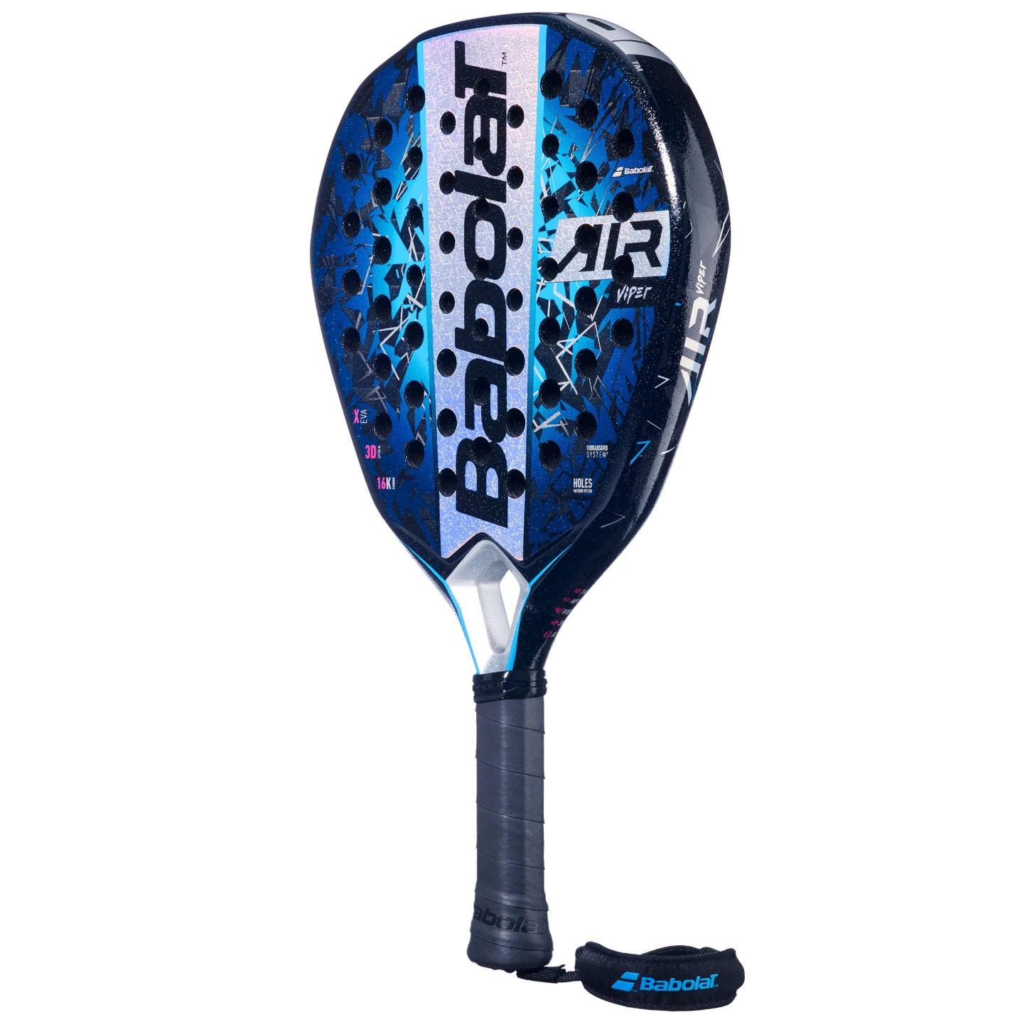 The Babolat Air Viper 2.5 by Padel USA features a black handle, blue accents, teardrop shape, honeycomb holes, bold white and silver branding, and a strap at the base of the handle.