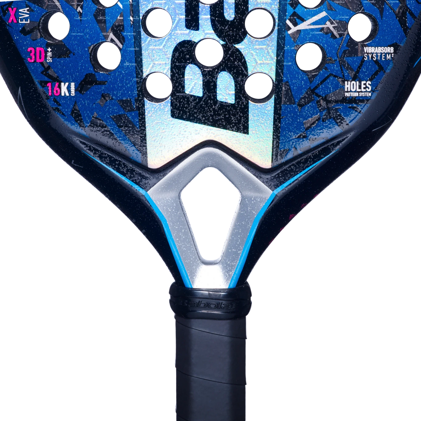 Close-up of the Babolat Air Viper 2.5 teardrop racquet by Padel USA, featuring blue and black geometric patterns, a handle wrapped in black grip tape, and technical specs printed on the 16K Carbon face against a plain white background.