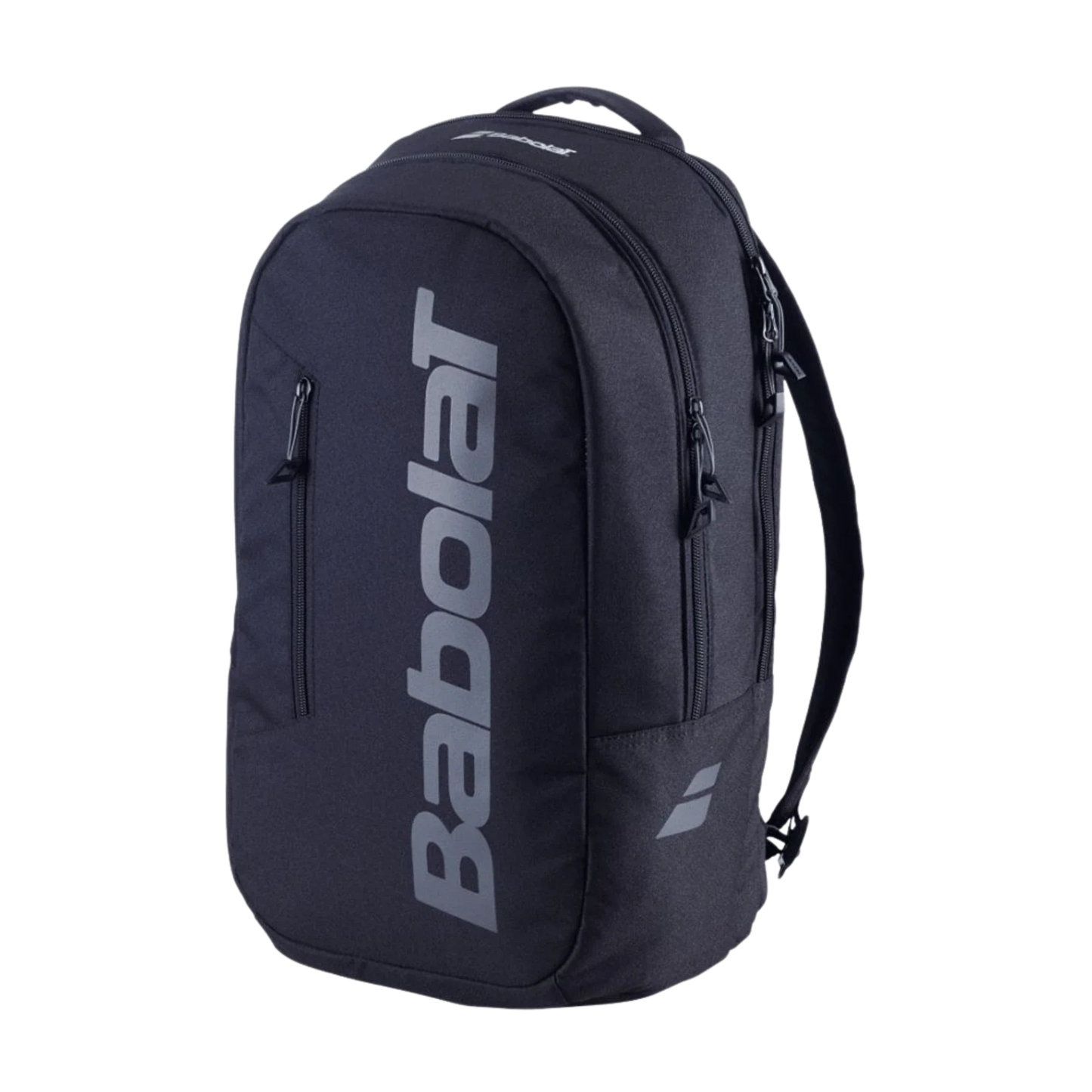 The Babolat COURT Backpack LITE by Padel USA stands upright on a white background, featuring two zippered compartments, a top handle, adjustable shoulder straps, and "Babolat" printed in large gray letters vertically on the front.