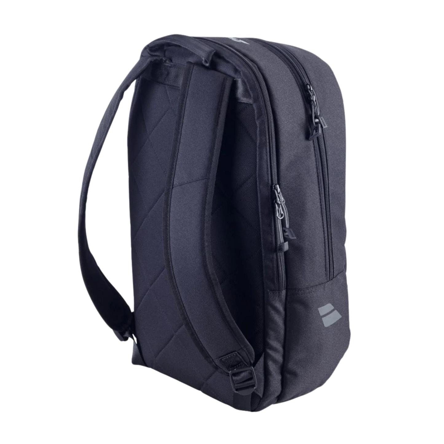 The Babolat COURT Backpack LITE by Padel USA is a sleek, black padel backpack with quilted straps, two zippered compartments, and a small reflective front logo. It stands upright, angled to display its padded back and straps against a plain white background.