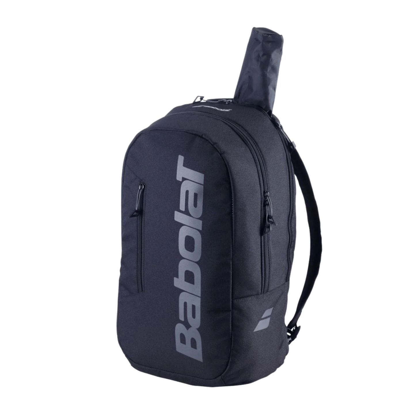 A black Babolat COURT Backpack LITE by Padel USA stands upright on a white background, featuring bold white branding and made from recycled materials. It has two zippered compartments, one showing a tennis racquet handle.