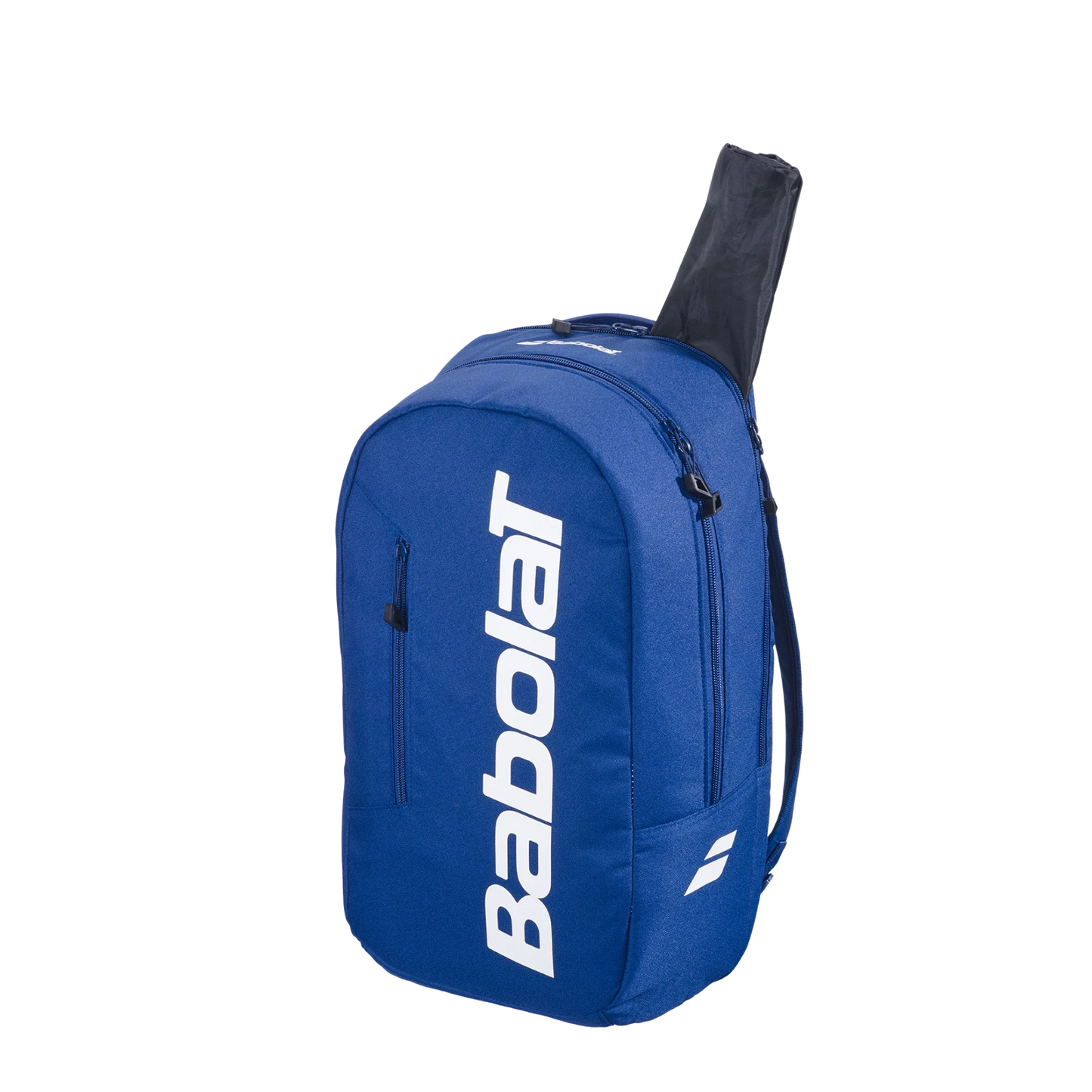 The Babolat COURT Backpack LITE from Padel USA is a blue, eco-friendly tennis bag with a bold white logo, multiple compartments, and a special racket handle pocket. Perfect for active players. Shown on a white background.