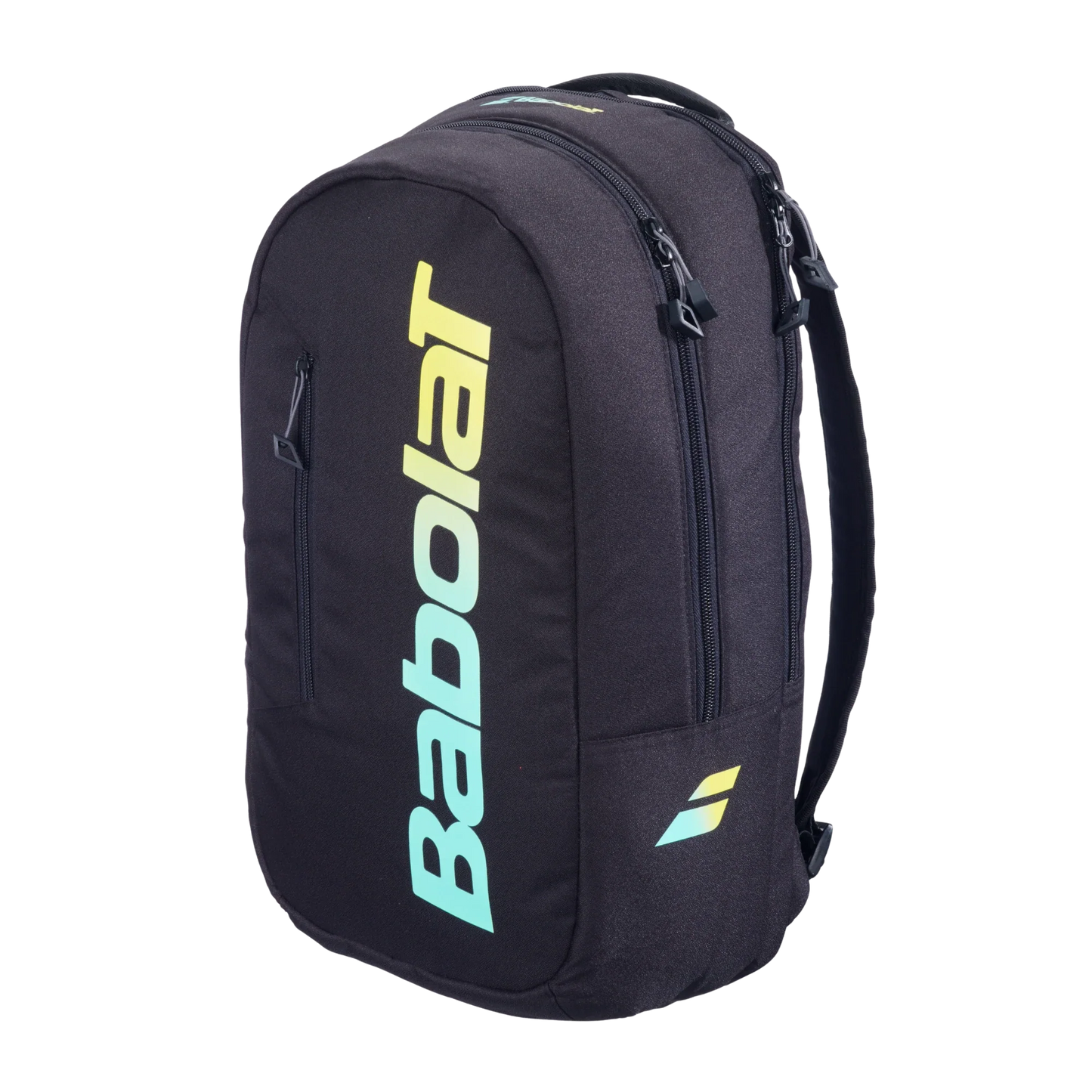 The Babolat COURT Backpack LITE by Padel USA is a black backpack with a large pastel yellow and blue logo on the front, two main zippered compartments, a shoulder strap, and is made from recycled materials. Plain white background.