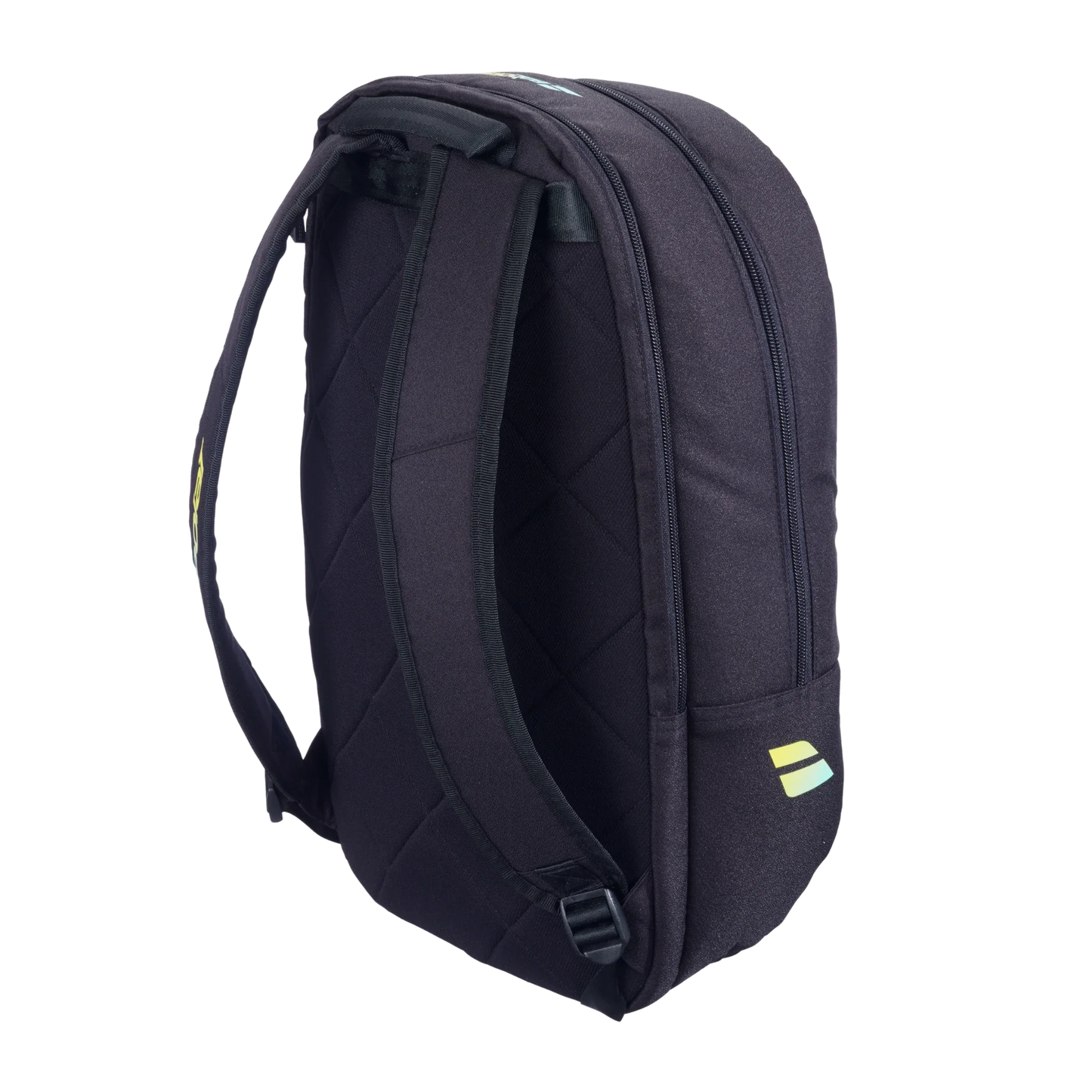 The Babolat COURT Backpack LITE by Padel USA stands upright on a white background, featuring quilted padded straps, a zippered main compartment, and a small yellow and blue geometric logo on the strap and lower front.