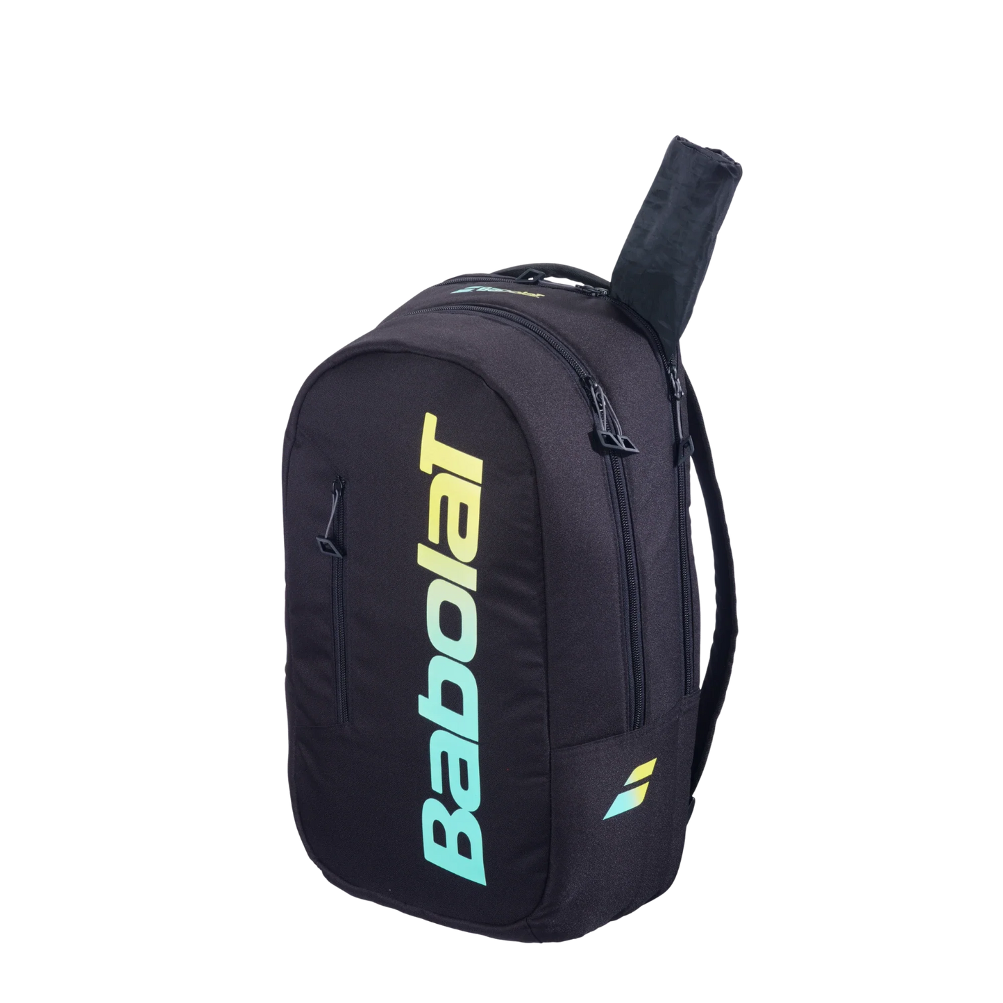The Babolat COURT Backpack LITE by Padel USA is a black padel bag with yellow and blue Babolat logo accents, made from recycled materials. It features multiple zippered compartments and stands upright with a racquet handle visible at the top.