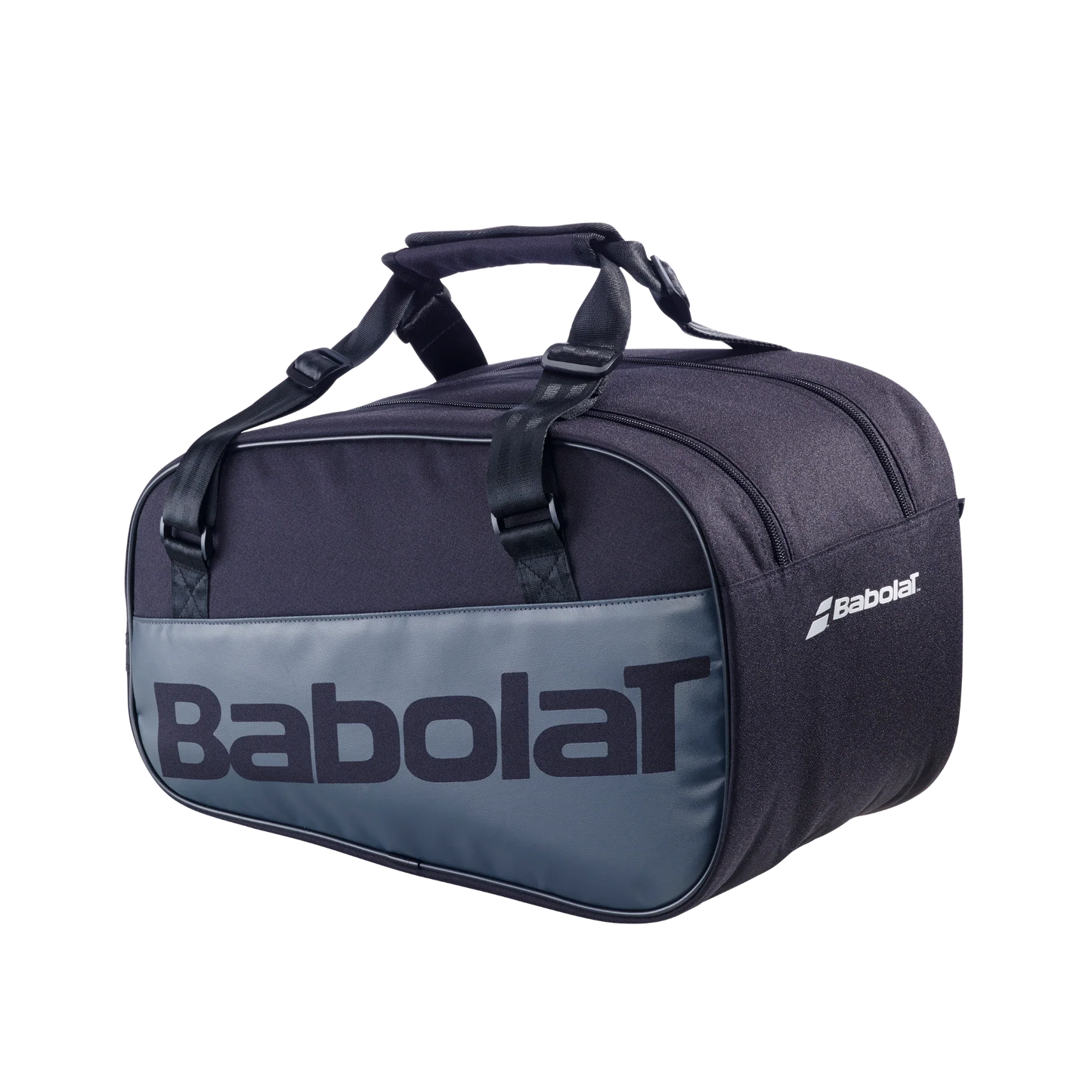 The Babolat COURT S Padel Bag from Padel USA is black and gray with two handles, a shoulder strap, and a zip main compartment. Large black Babolat logo is on the gray front; smaller logo appears on the side. Shown on a white background.