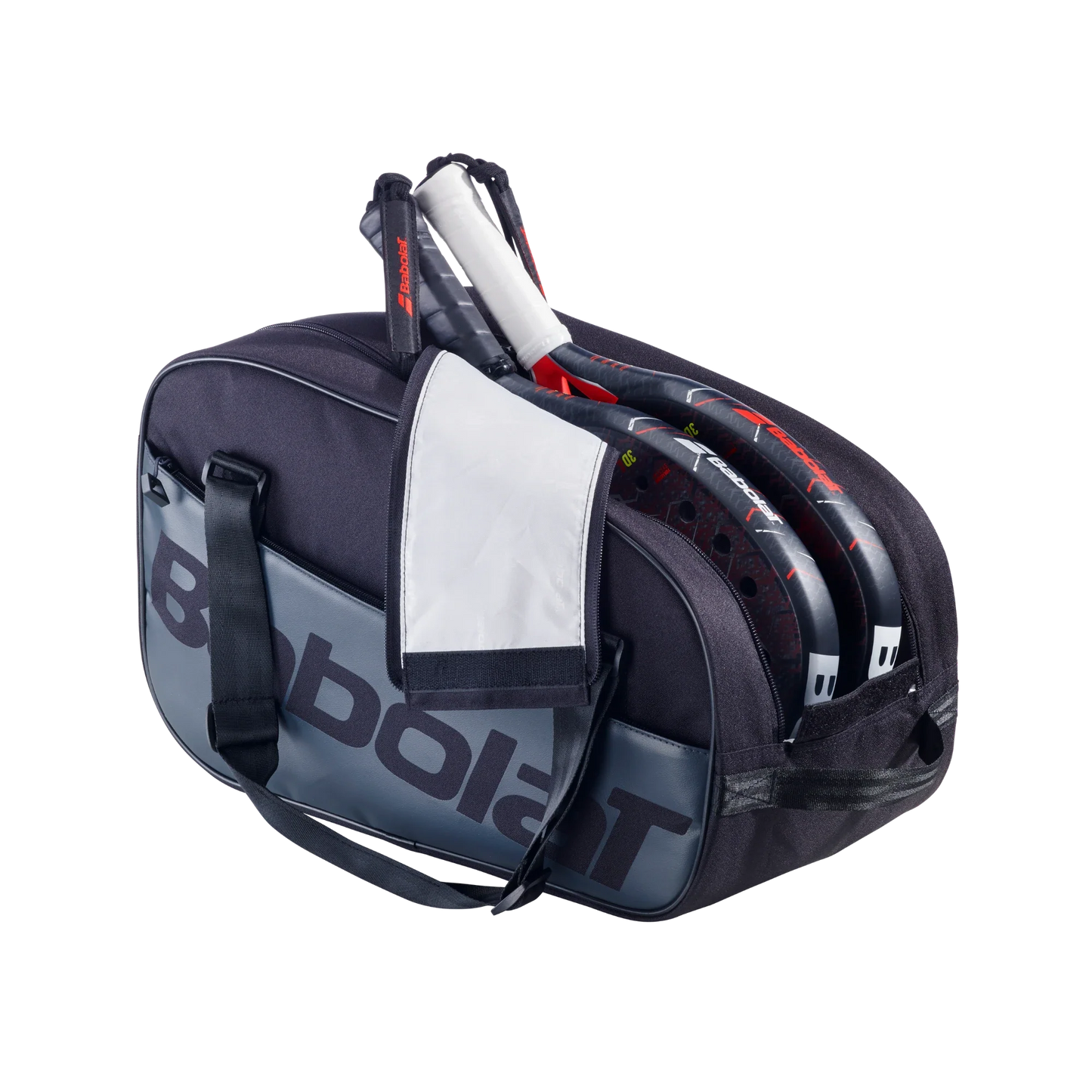 A black and gray Babolat COURT S Padel Bag by Padel USA sits on a white background, unzipped to show three racquets inside. Made with recycled materials, it has an outer handle and visible Babolat branding on the side panel.