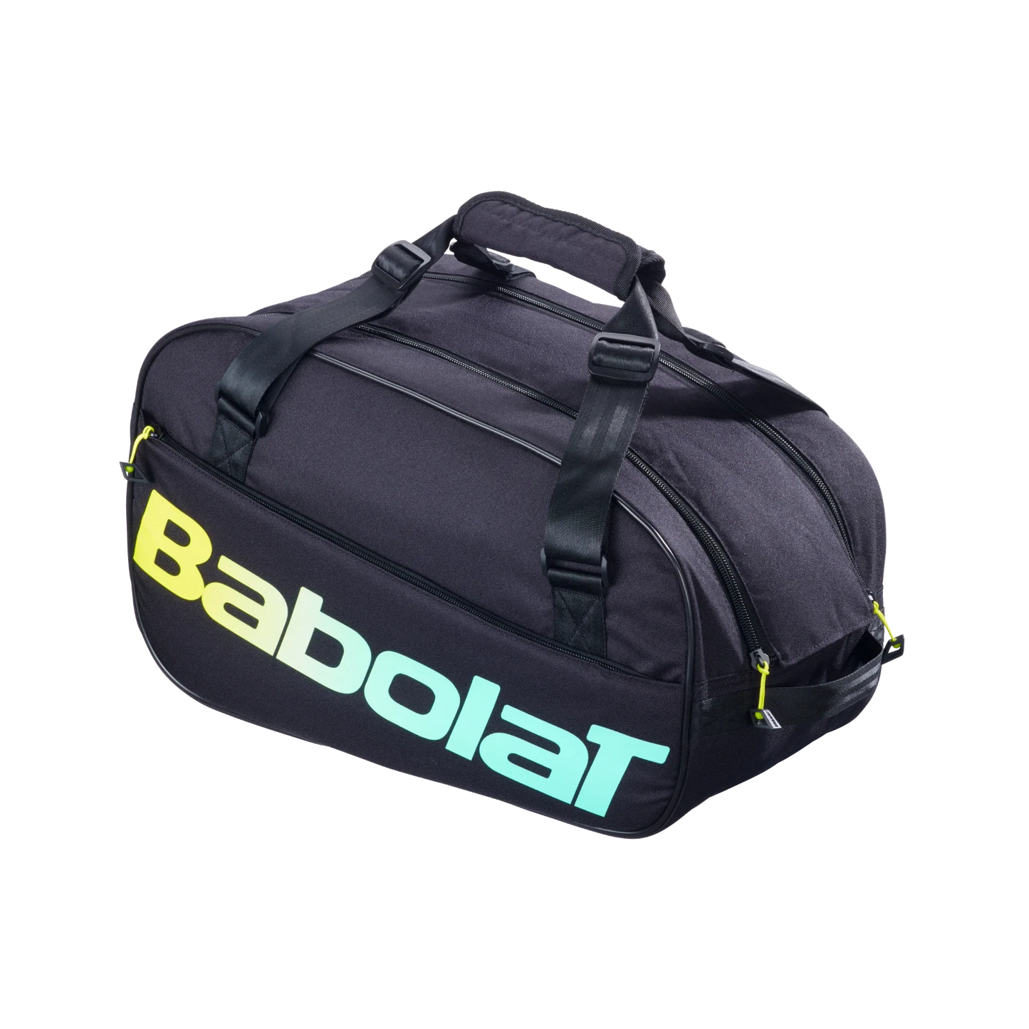 The Babolat COURT S Padel Bag from Padel USA is a black sports duffel with bold gradient yellow-to-blue "Babolat" lettering, two zippered compartments, padded double handles, and yellow-accented zipper pulls—ideal for padel players.