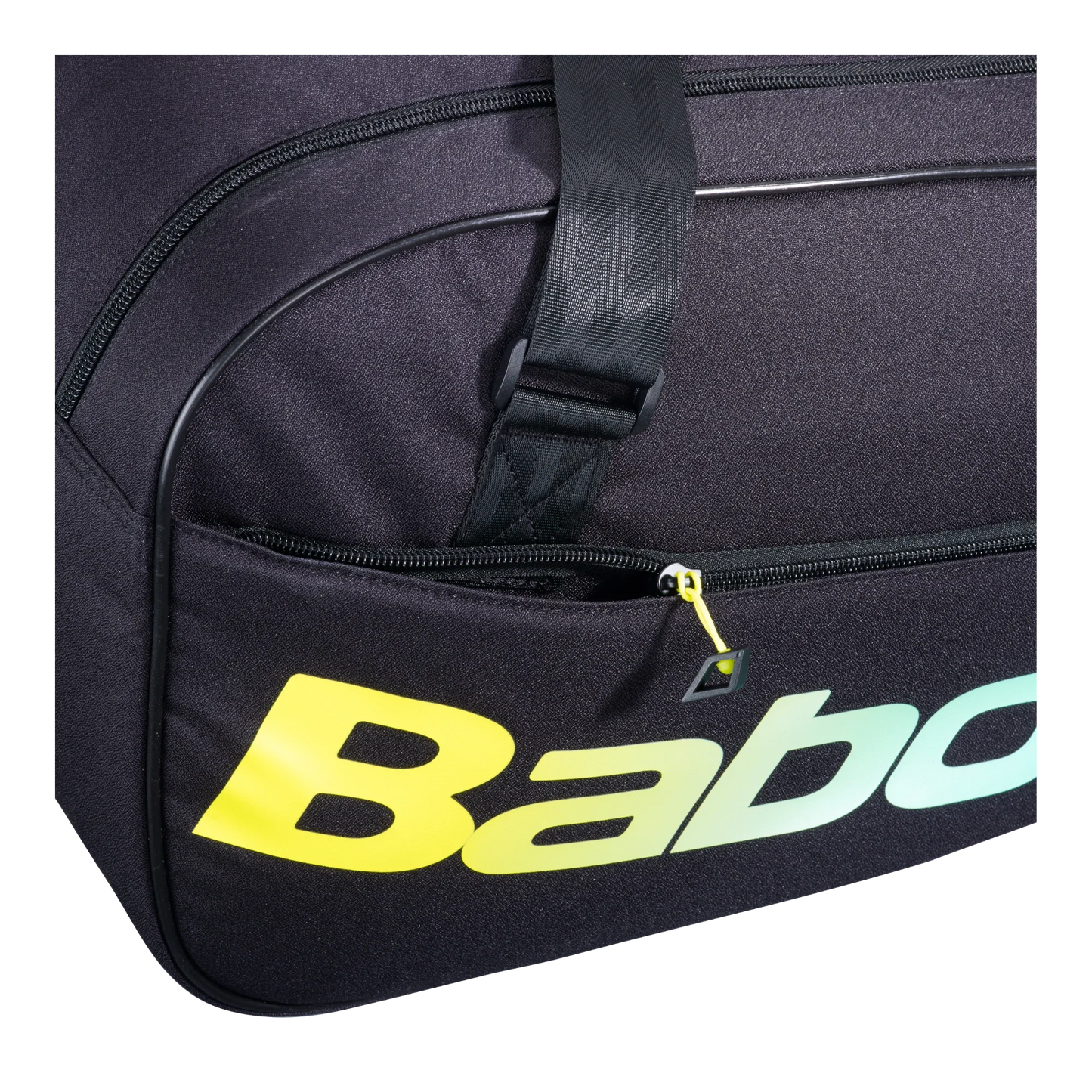 Close-up of the Babolat COURT S Padel Bag by Padel USA, showing a black zippered pocket with yellow, green, and white gradient “Babo” text from the logo and a black strap with stitching on the upper section.